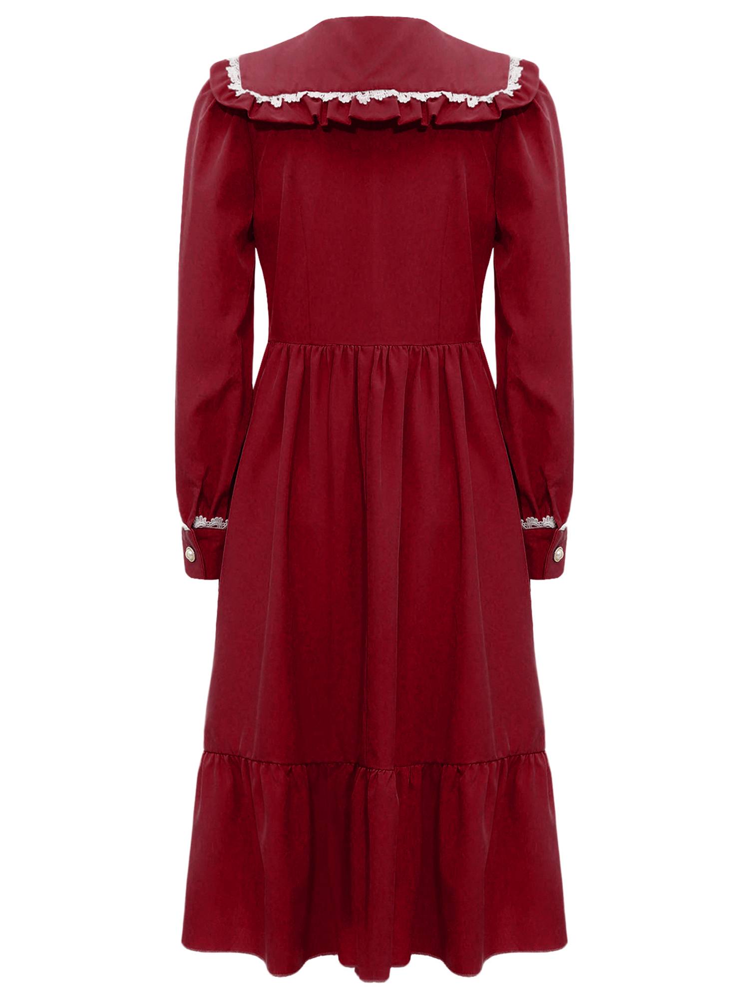 Kids Girls Long Sleeve Lapel Ruffle 18s Victorian Medeival Costume Dress