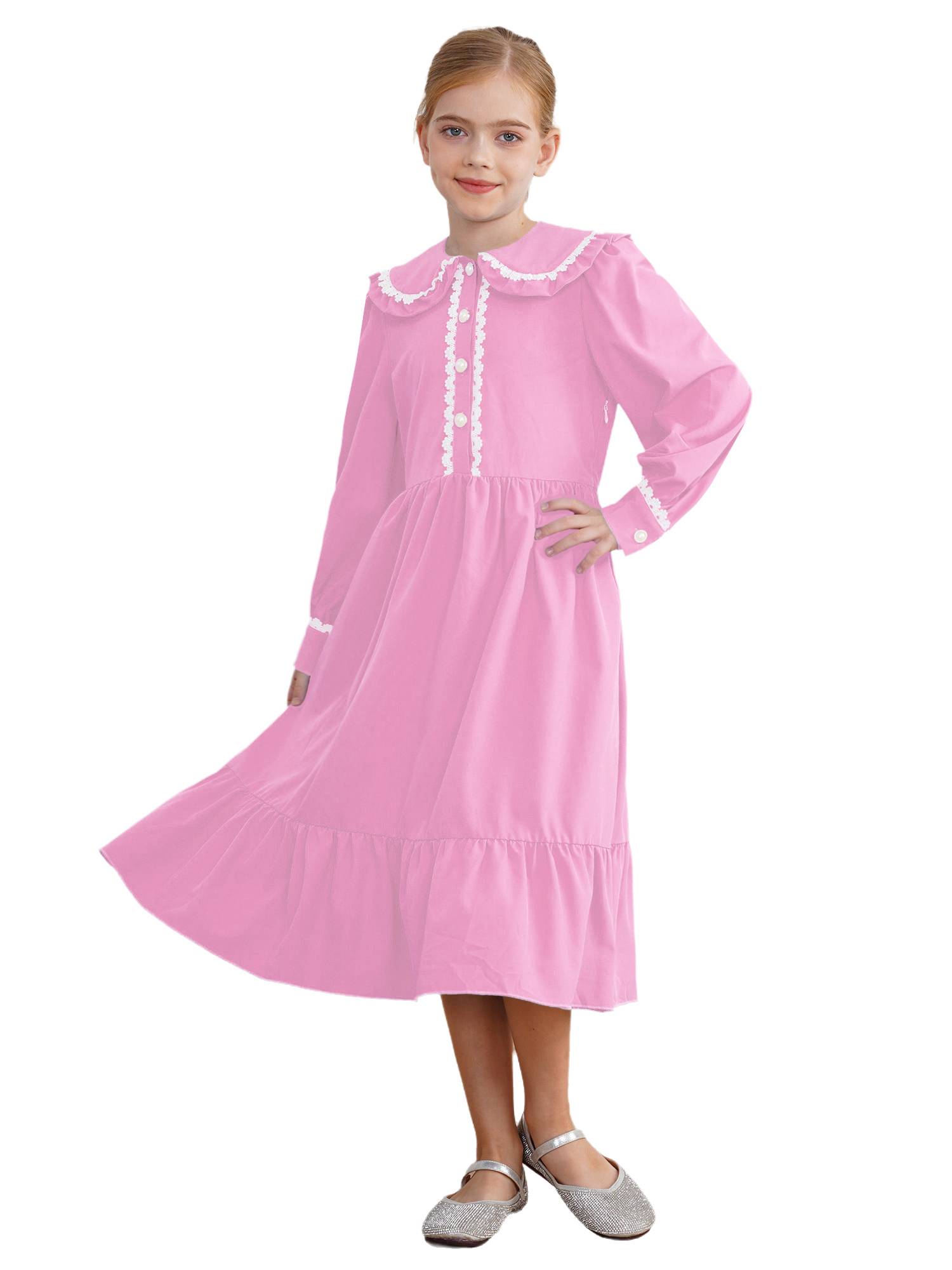 Kids Girls Long Sleeve Lapel Ruffle 18s Victorian Medeival Costume Dress