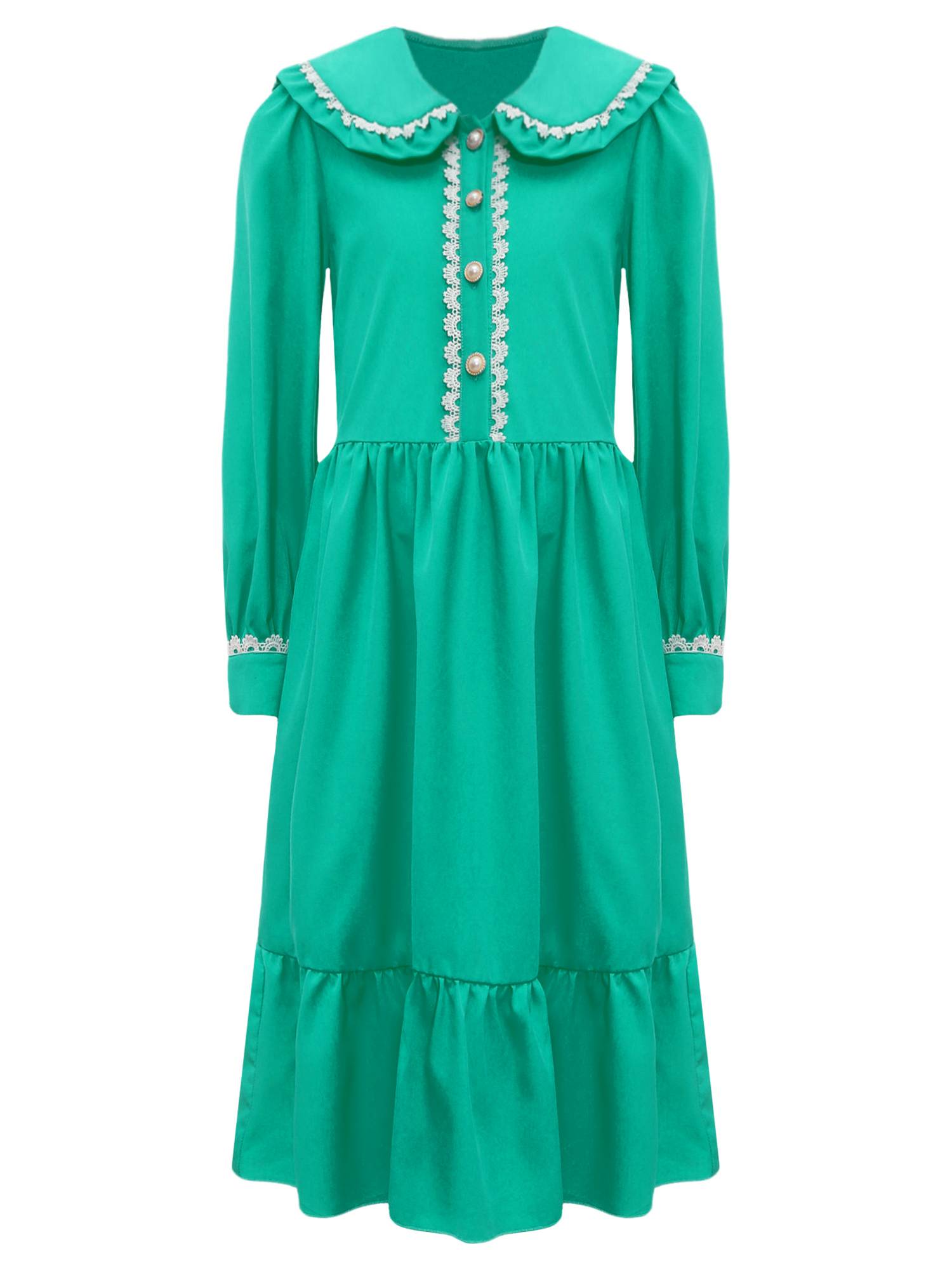 Kids Girls Long Sleeve Lapel Ruffle 18s Victorian Medeival Costume Dress