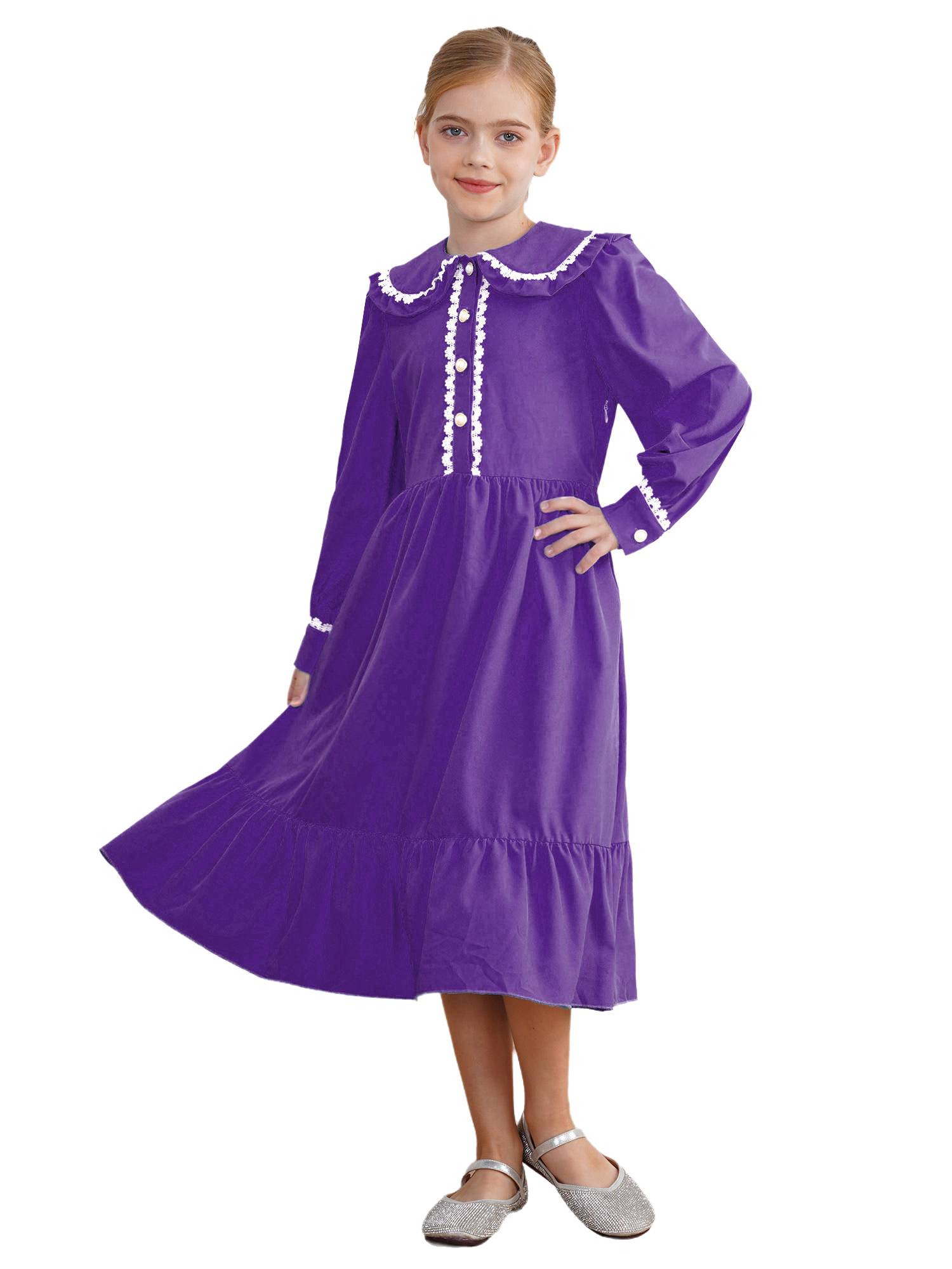 Kids Girls Long Sleeve Lapel Ruffle 18s Victorian Medeival Costume Dress