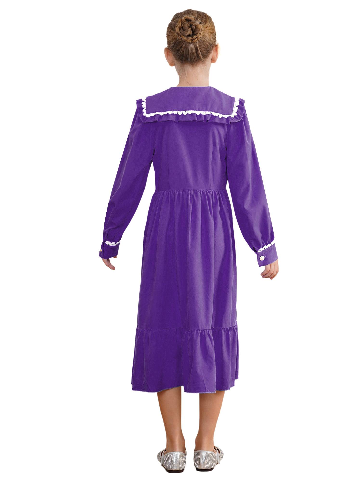 Kids Girls Long Sleeve Lapel Ruffle 18s Victorian Medeival Costume Dress