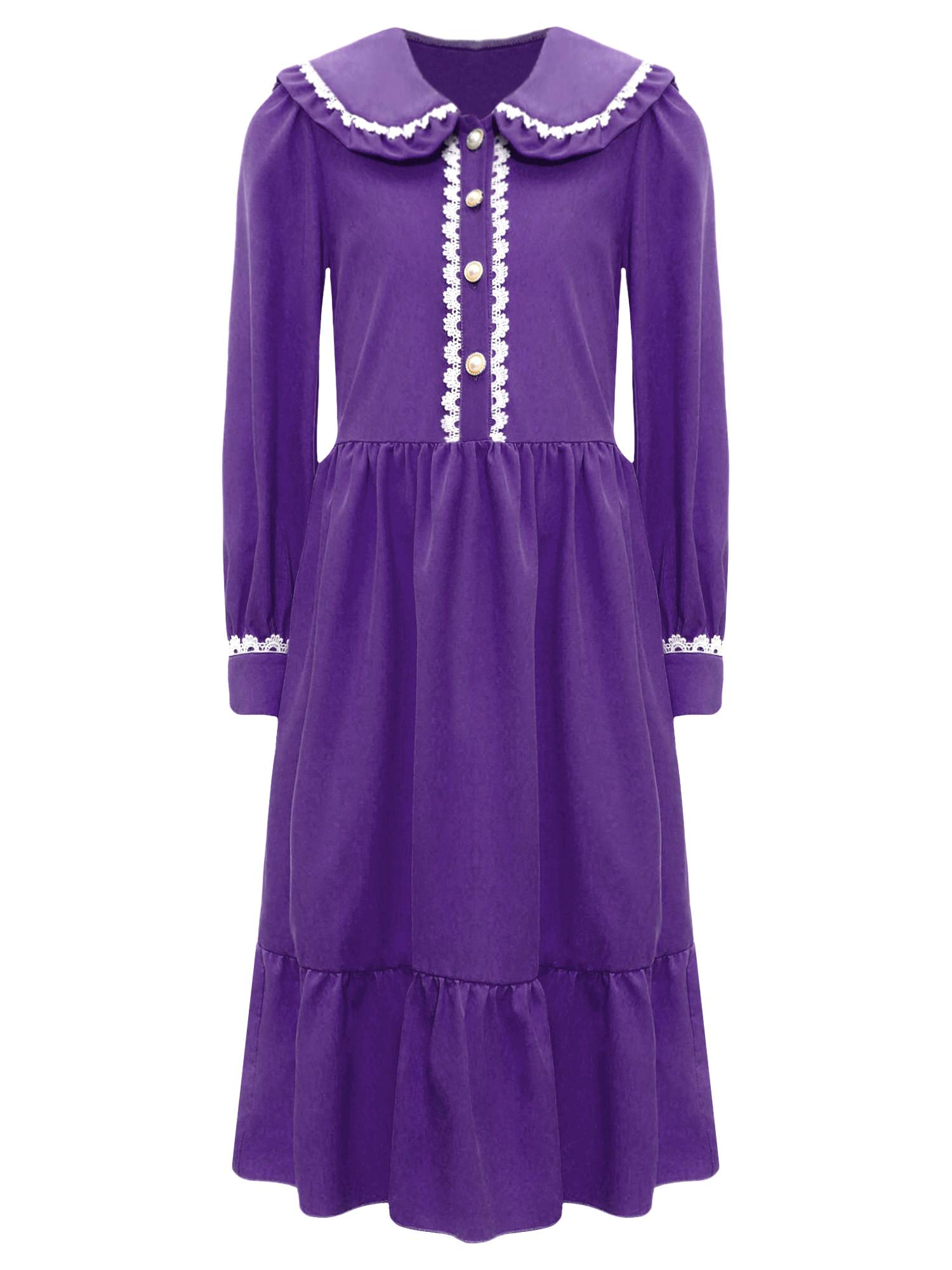 Kids Girls Long Sleeve Lapel Ruffle 18s Victorian Medeival Costume Dress