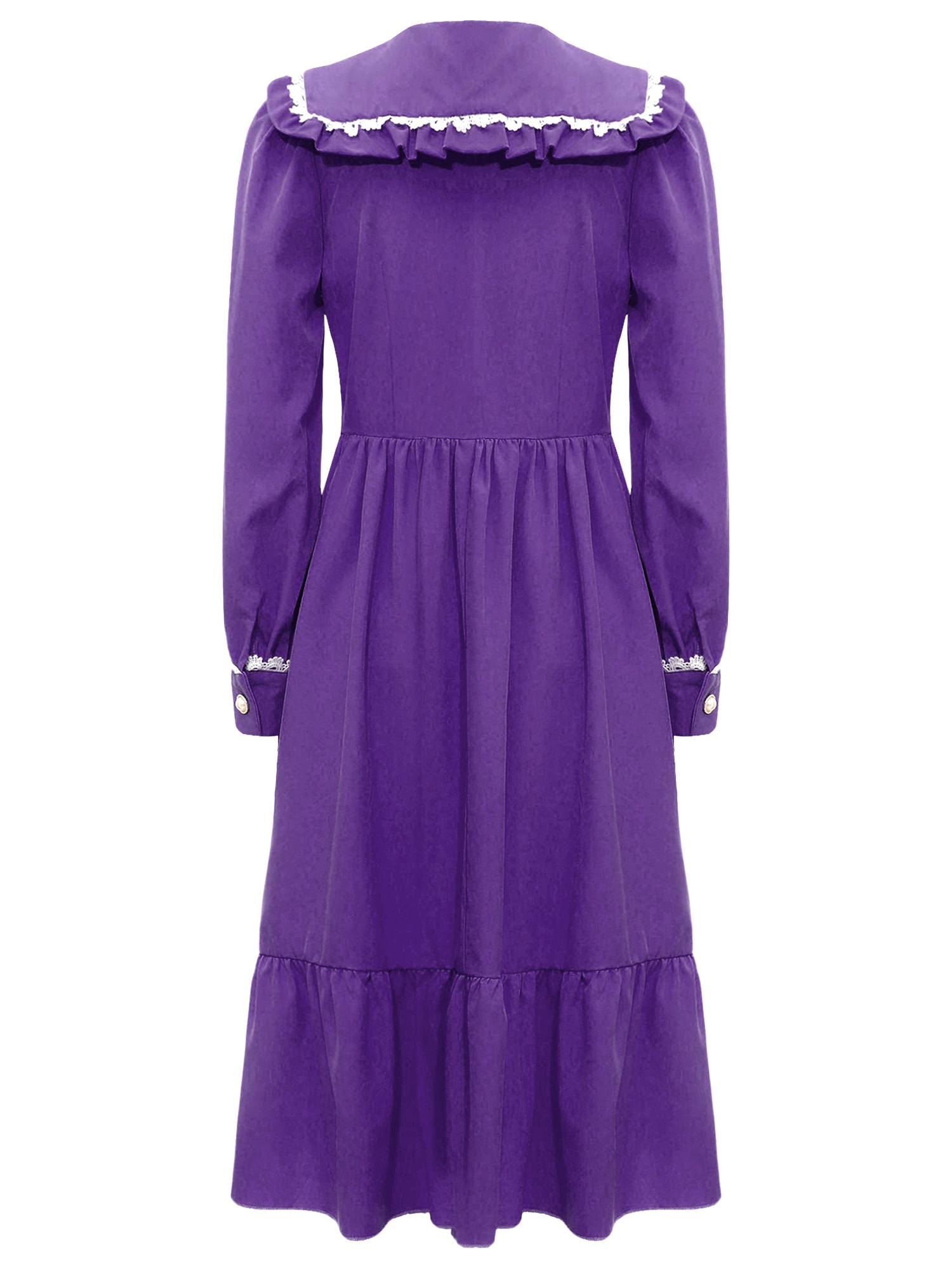 Kids Girls Long Sleeve Lapel Ruffle 18s Victorian Medeival Costume Dress