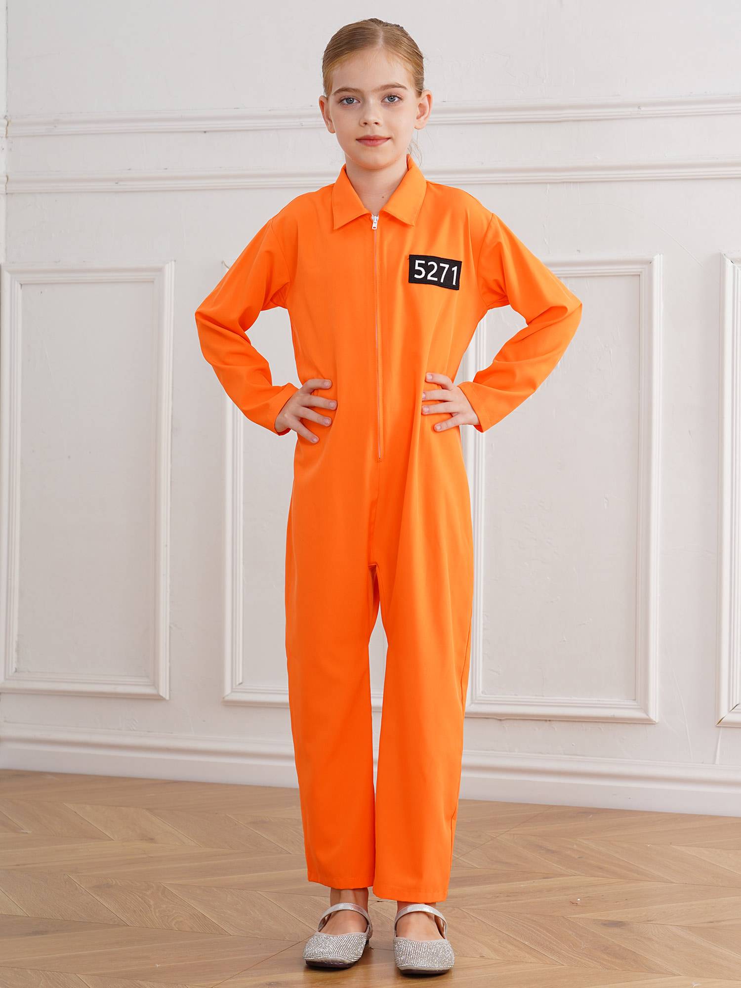 Kids Long Sleeve Solid Color Prisoner Costume Jumpsuit