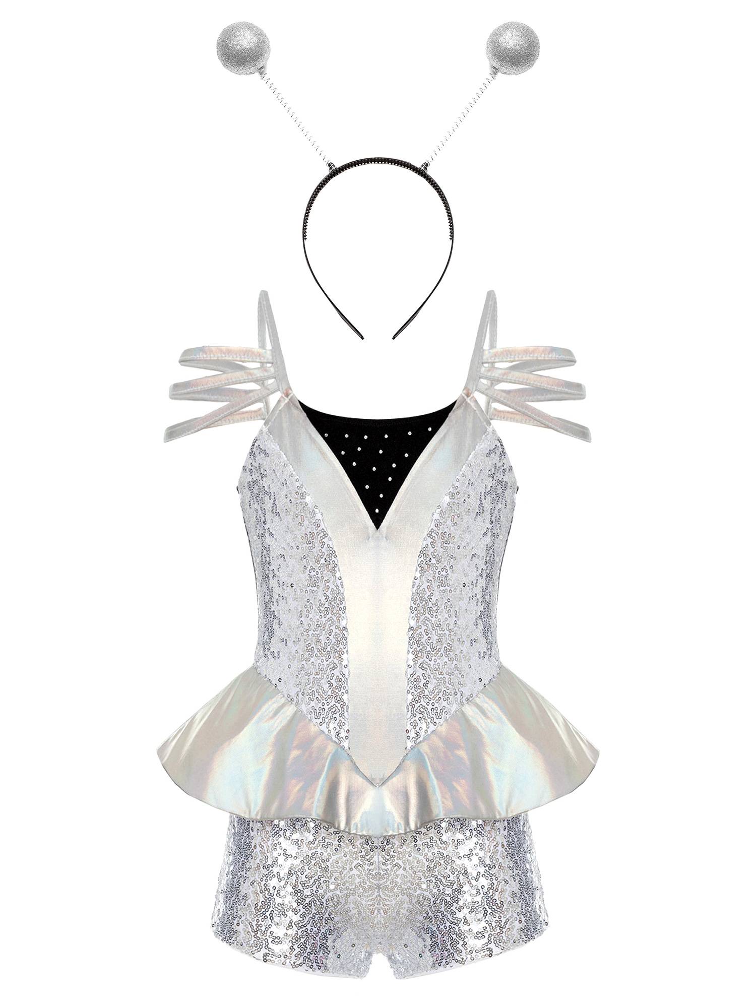 Kids Girls Alien Costume Sleeveless Sequins Jumpsuit with Headwear