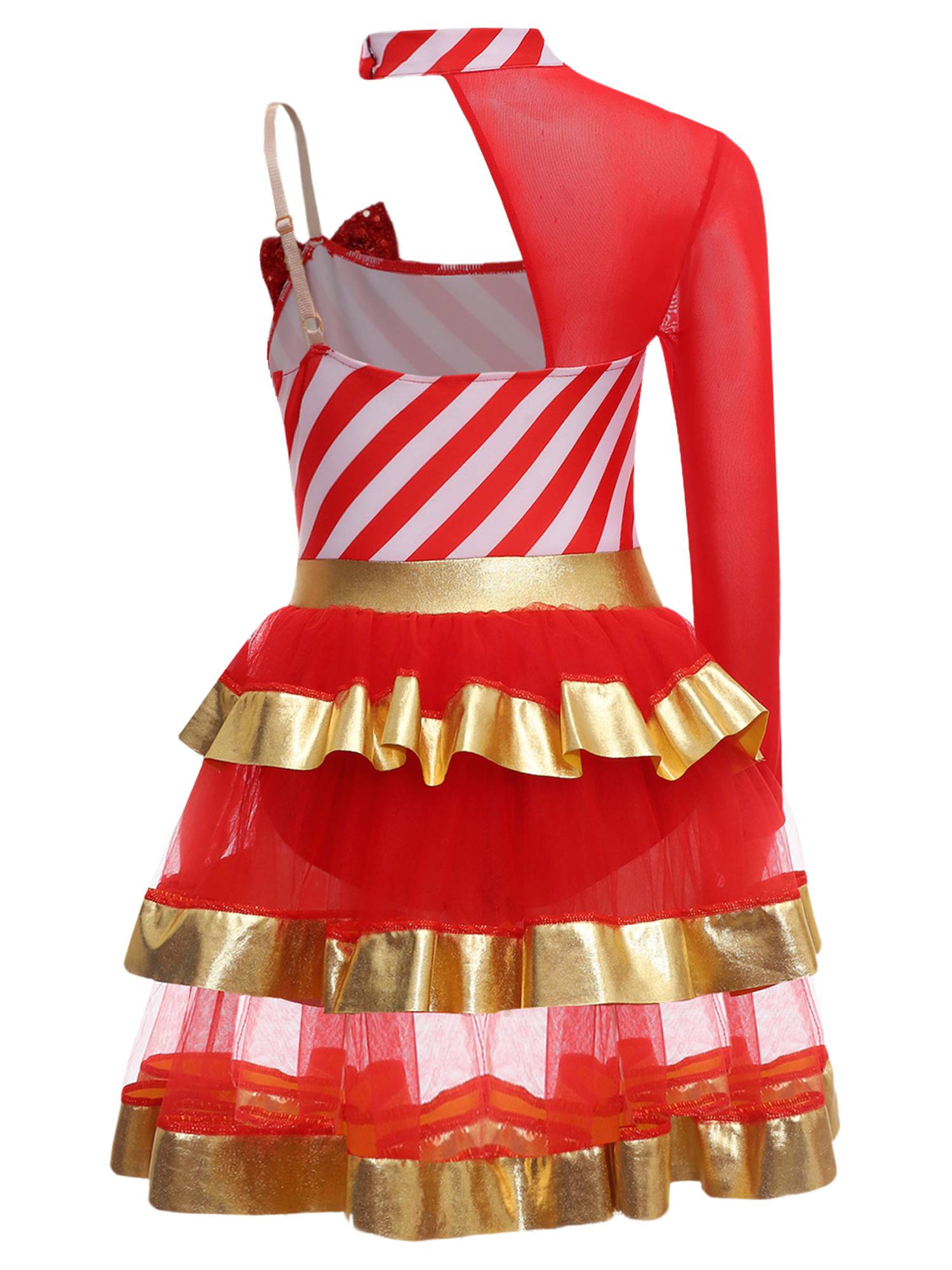 Kids Girls Christmas Asymmetrical Shoulder Stripes Tiered Mesh Tutu Dress