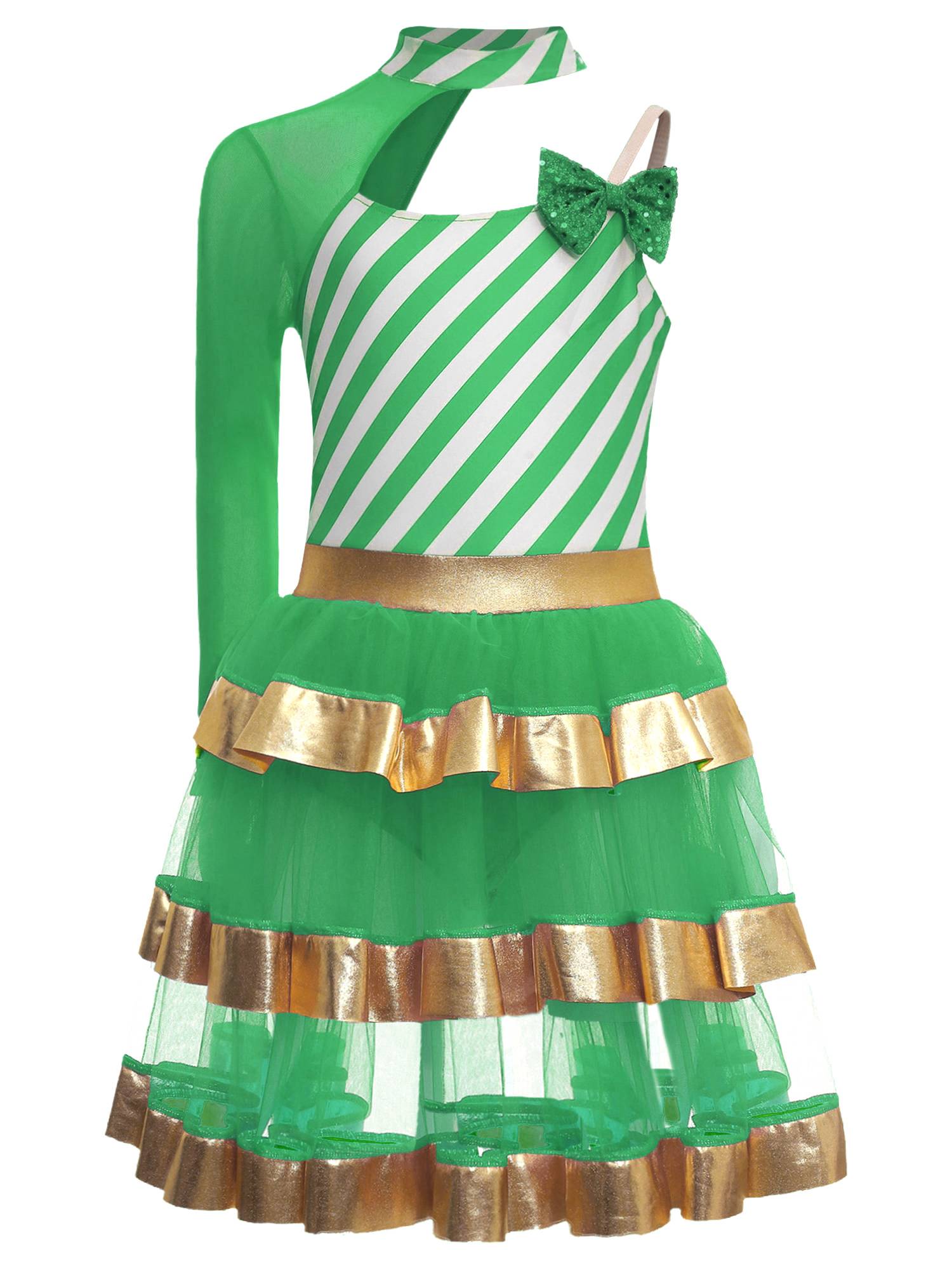 Kids Girls Christmas Asymmetrical Shoulder Stripes Tiered Mesh Tutu Dress