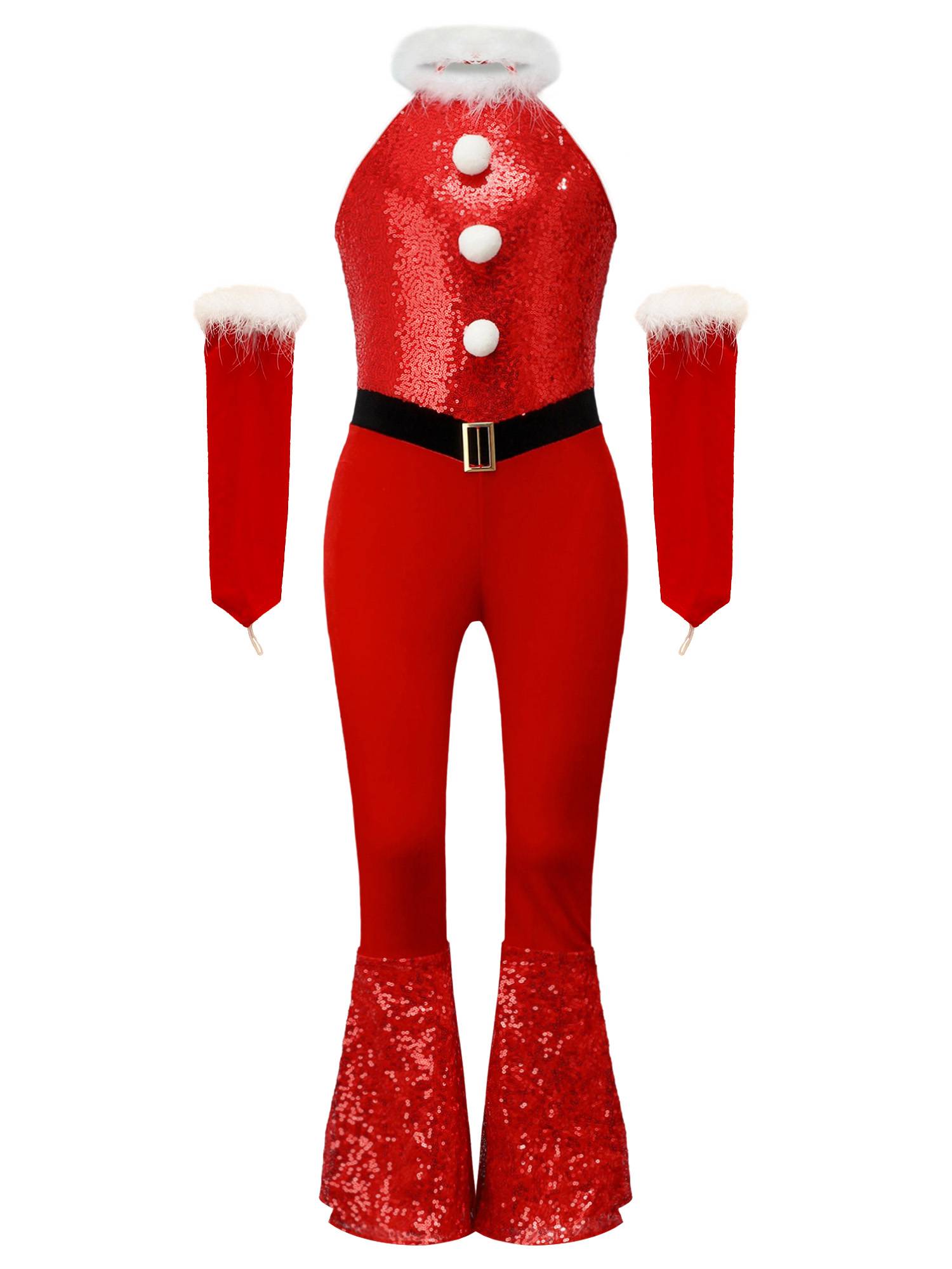 Girl Christmas Sleeveless Velvet Sequins Jumpsuit with Arm Sleeve