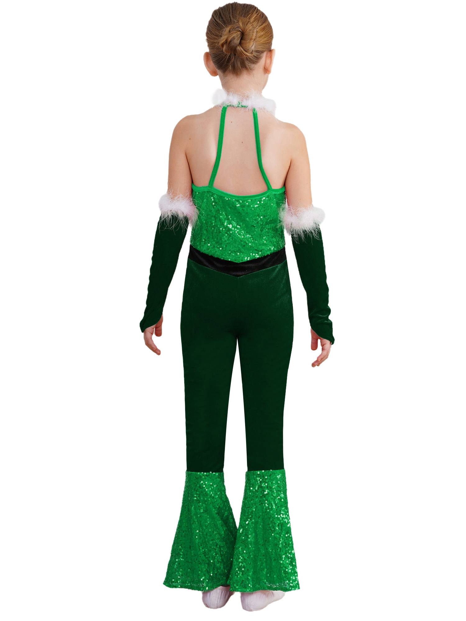 Girl Christmas Sleeveless Velvet Sequins Jumpsuit with Arm Sleeve