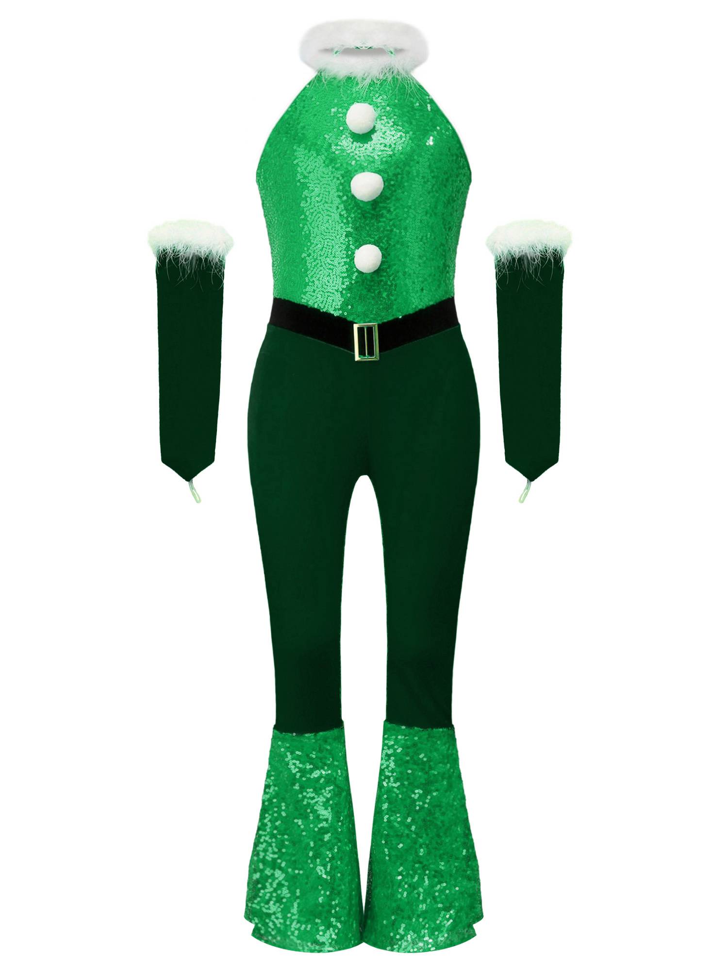 Girl Christmas Sleeveless Velvet Sequins Jumpsuit with Arm Sleeve