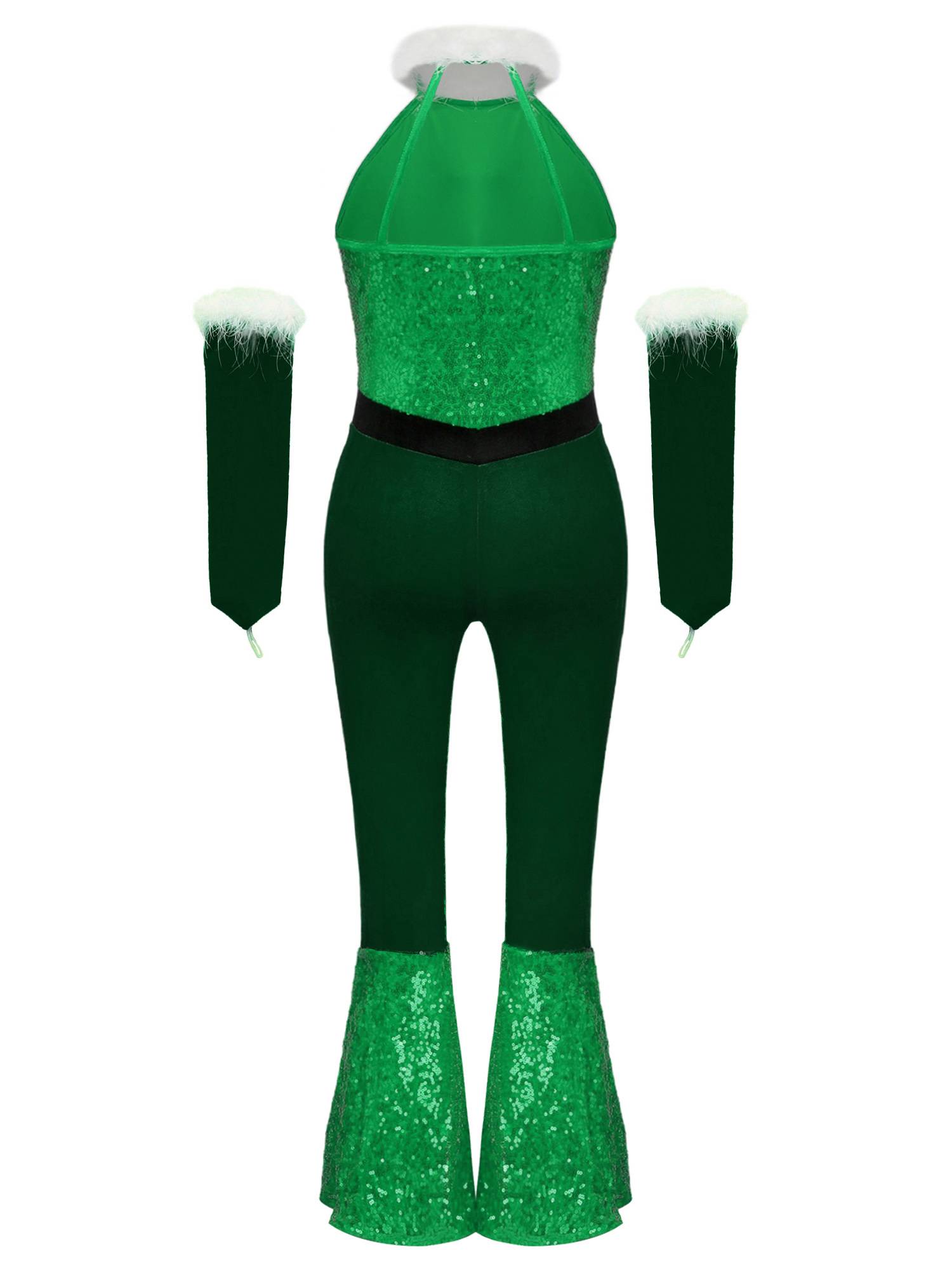 Girl Christmas Sleeveless Velvet Sequins Jumpsuit with Arm Sleeve