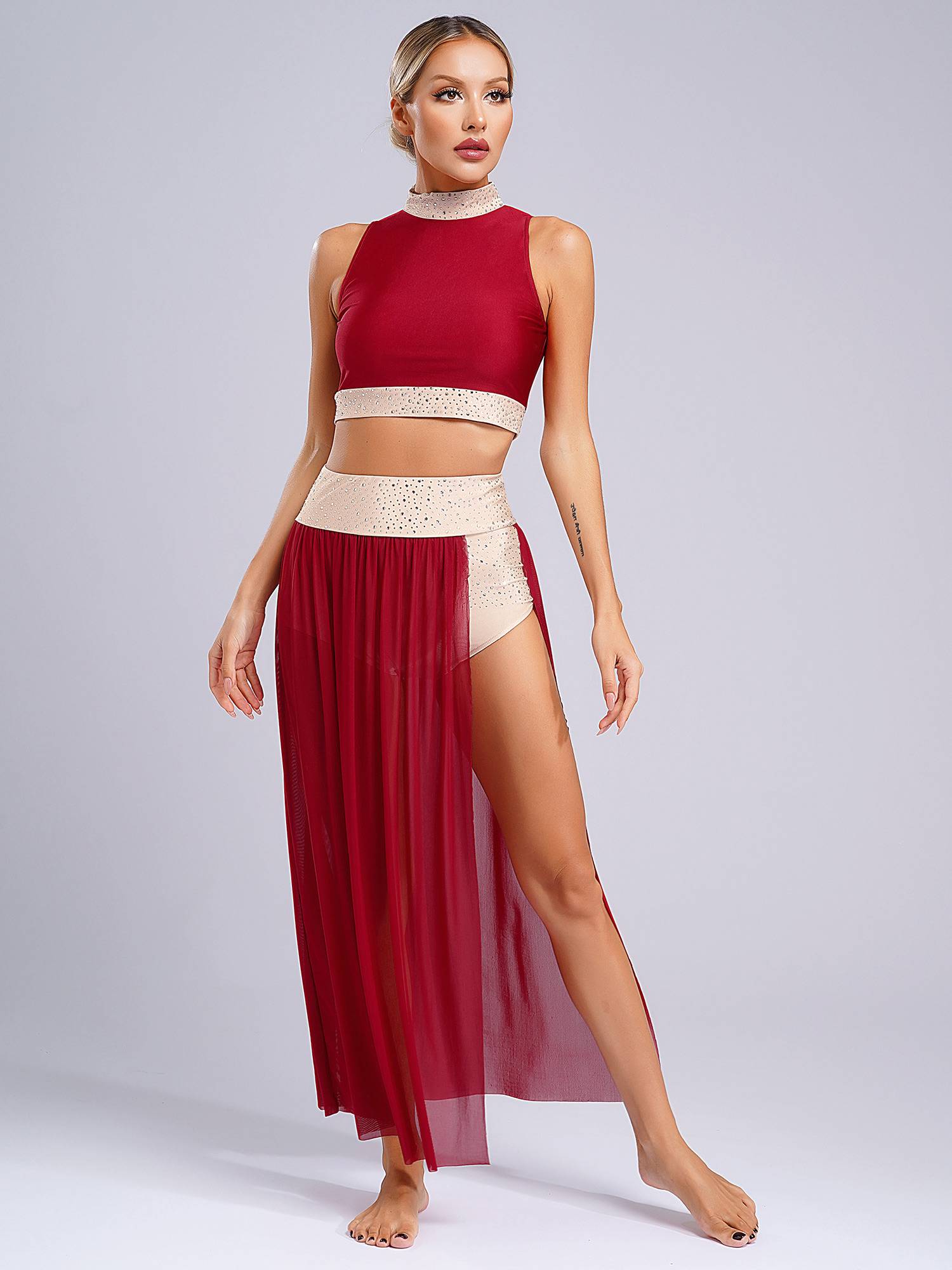 Women 2pcs Sleeveless Crop Top and Side Split Mesh Skirt Lyrical Dance Set