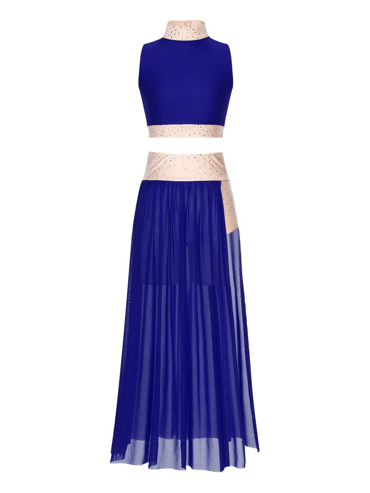 Women 2pcs Sleeveless Crop Top and Side Split Mesh Skirt Lyrical Dance Set