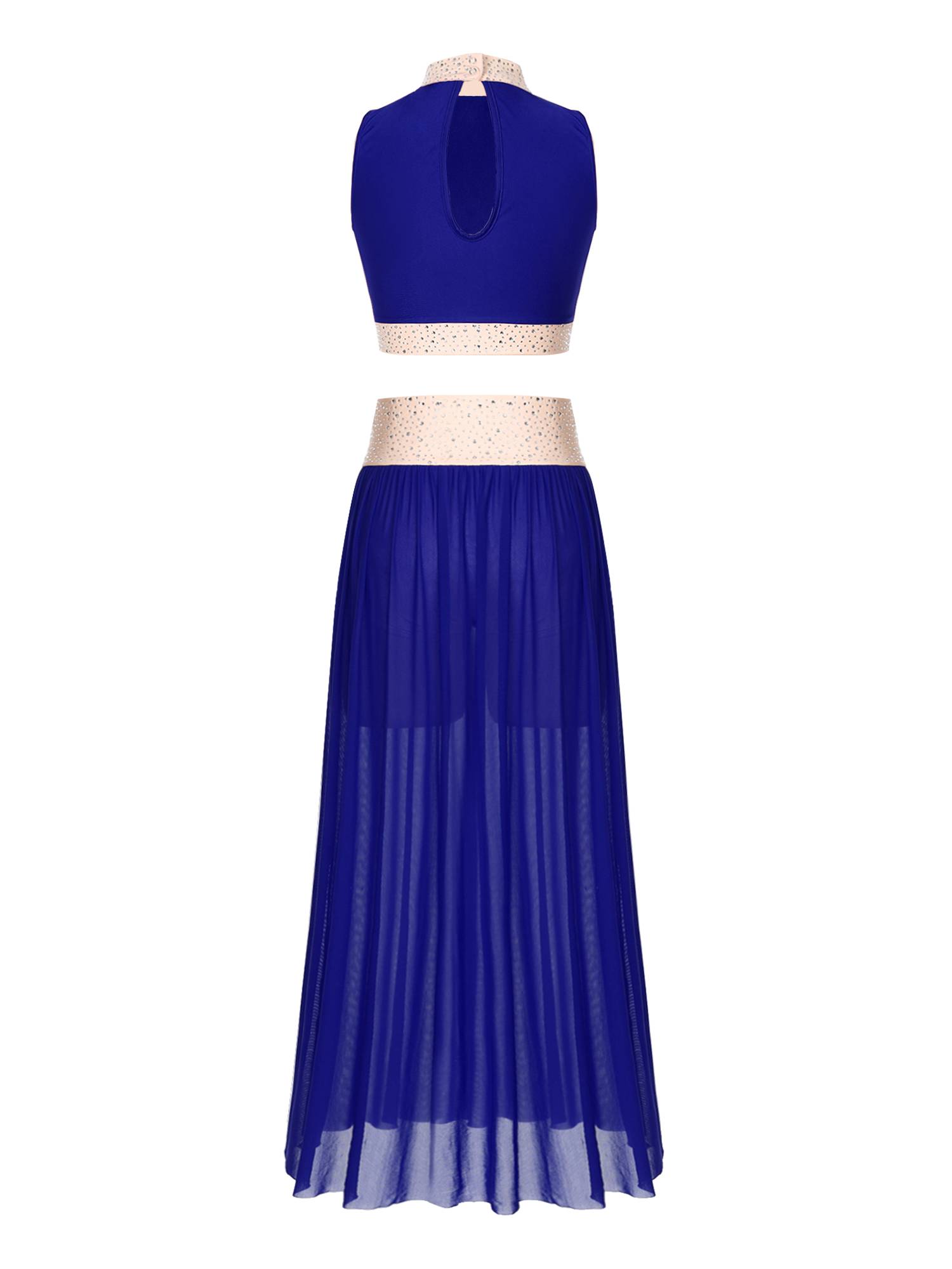 Women 2pcs Sleeveless Crop Top and Side Split Mesh Skirt Lyrical Dance Set