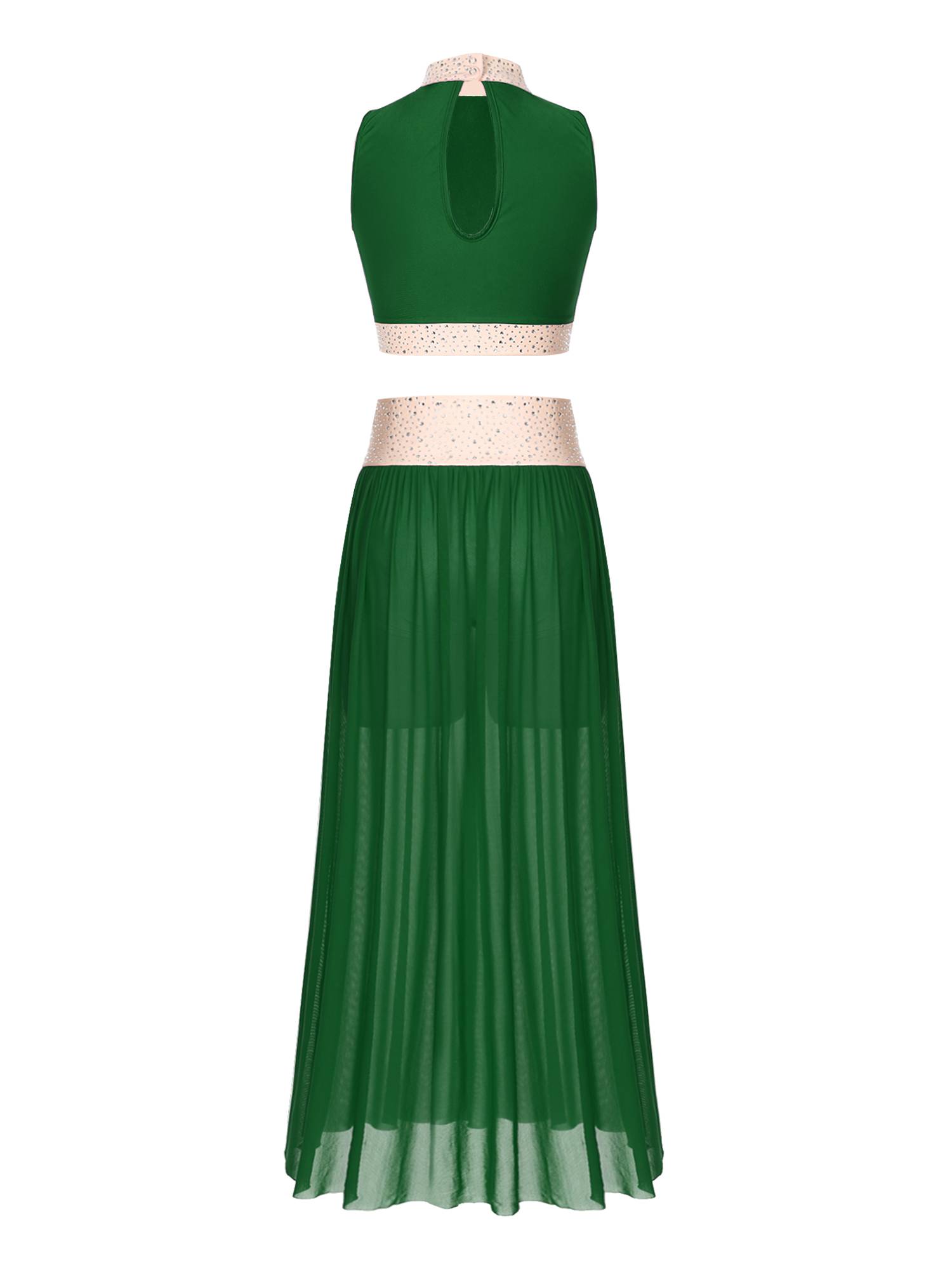 Women 2pcs Sleeveless Crop Top and Side Split Mesh Skirt Lyrical Dance Set