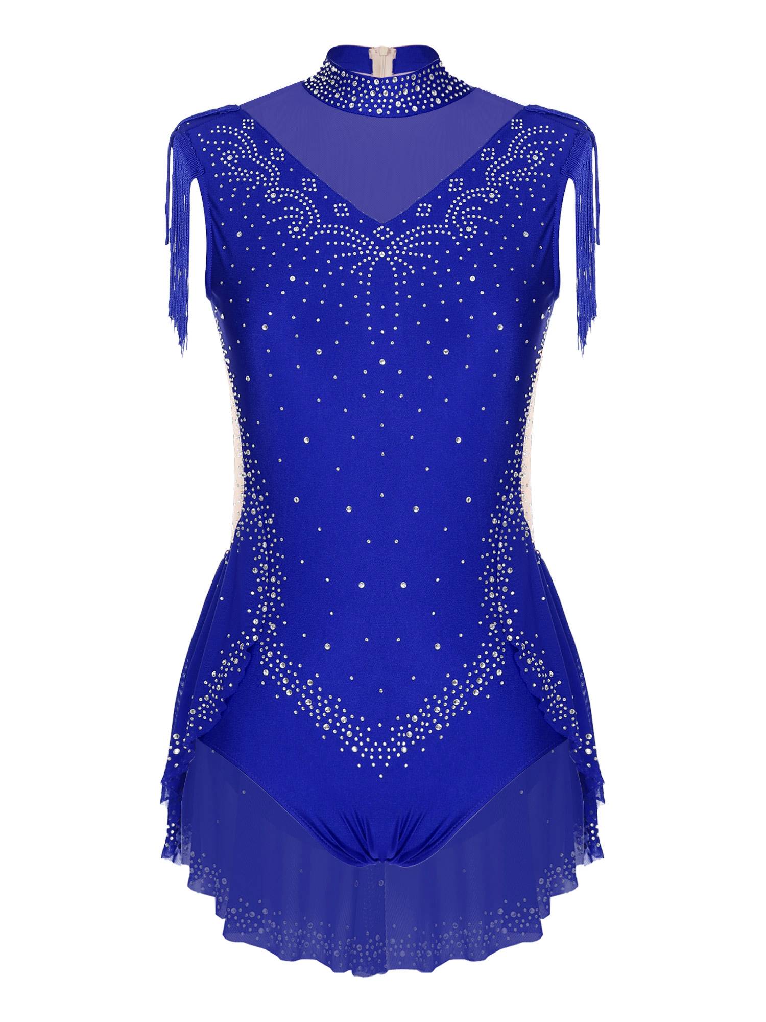 Women Sleeveless Rhinestones Sheer Mesh Patchwork Tassel Lyrical Dance Leotard