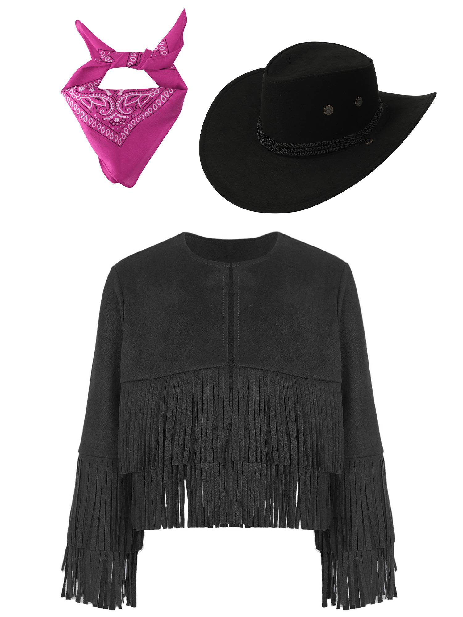 Kids 3pcs Cowboy Cowgirl Long Sleeve Tassels Vest with Hat and Bandanna Set