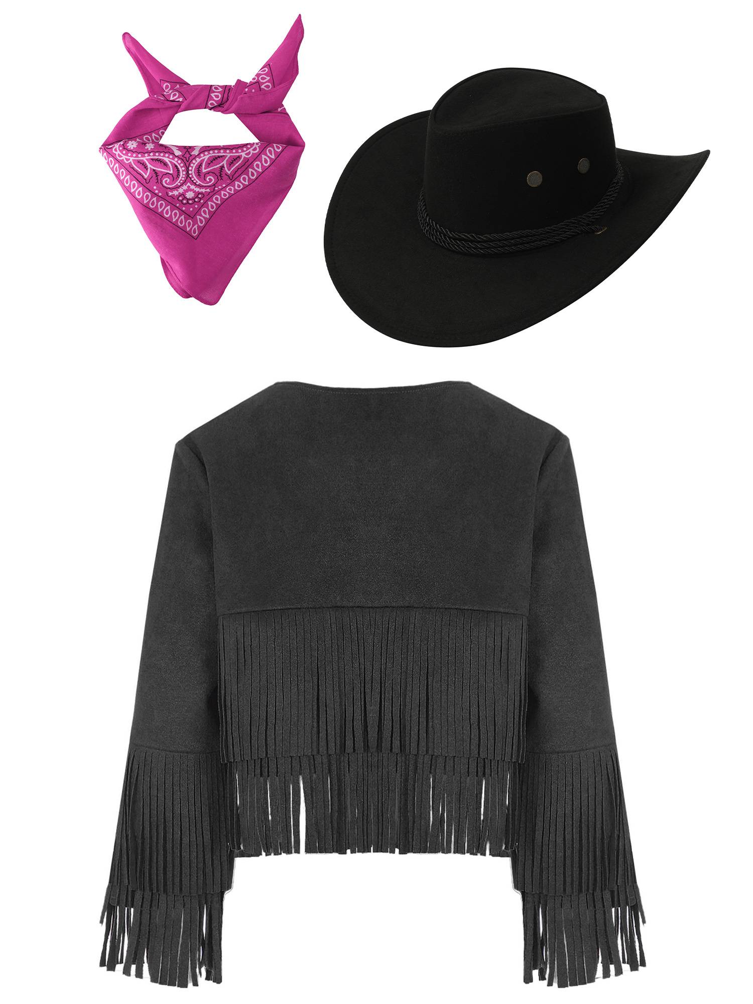 Kids 3pcs Cowboy Cowgirl Long Sleeve Tassels Vest with Hat and Bandanna Set