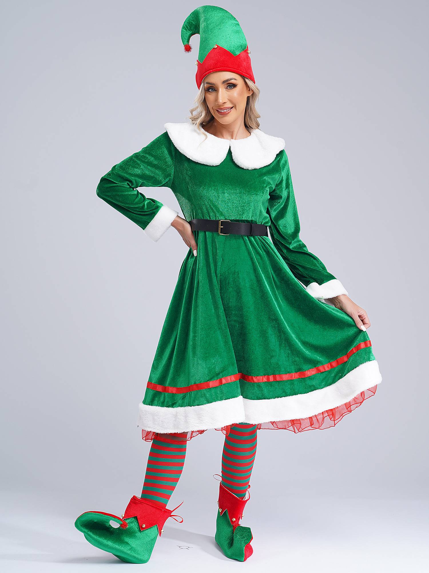 Women 5pcs Long Sleeve Flannel Dress with Shoes Stockings Christmas Elf Suit