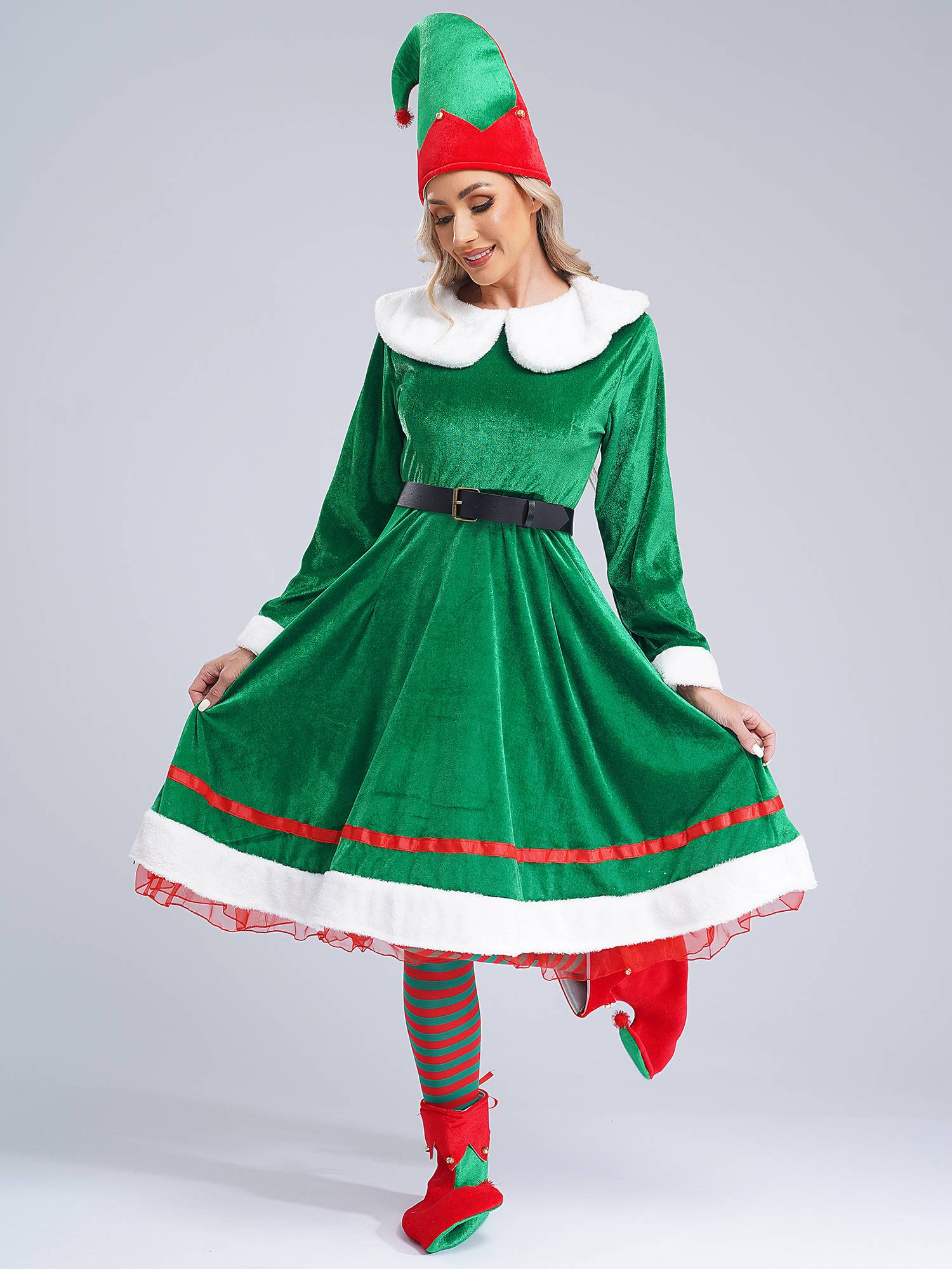 Women 5pcs Long Sleeve Flannel Dress with Shoes Stockings Christmas Elf Suit