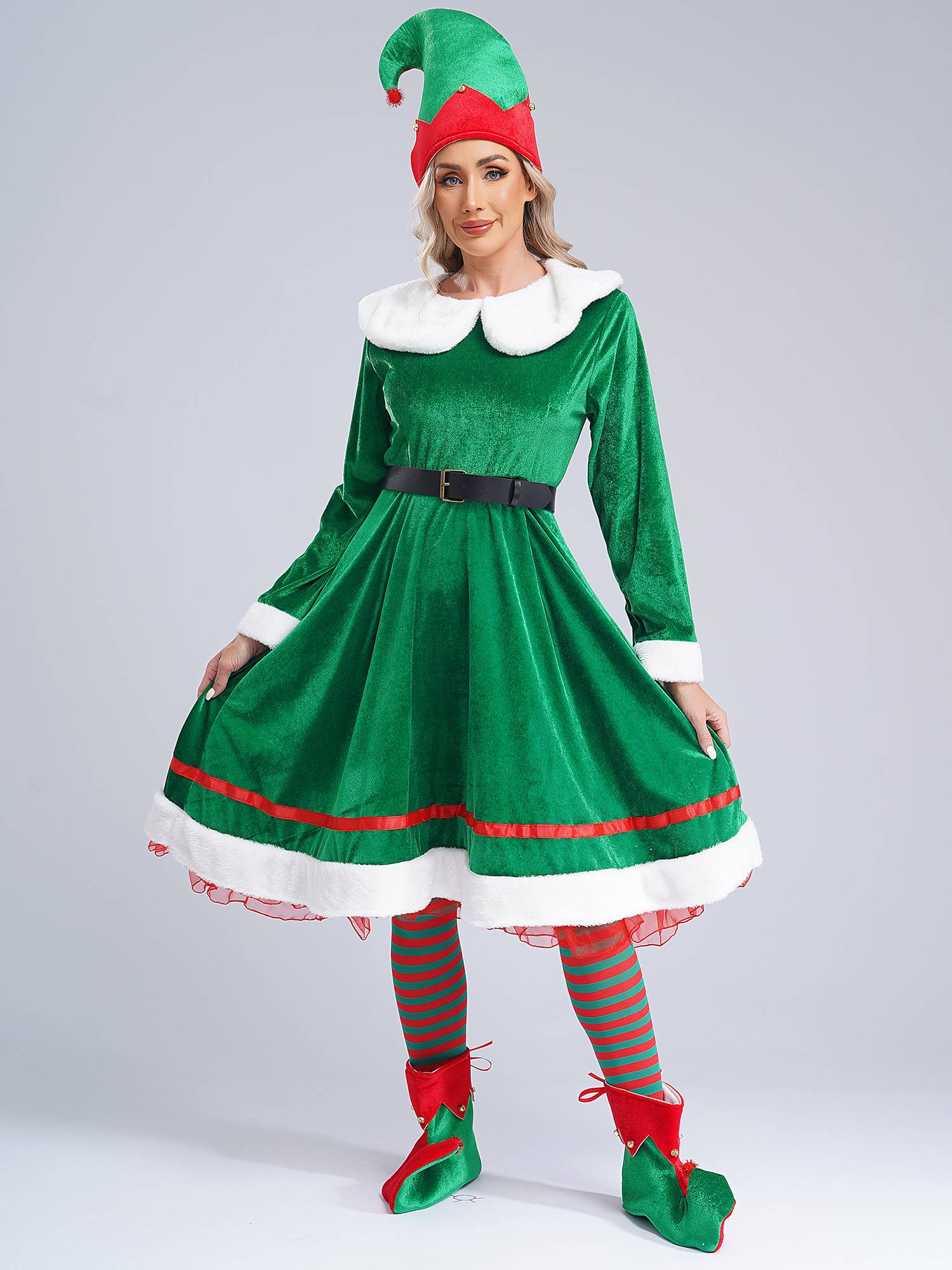 Women 5pcs Long Sleeve Flannel Dress with Shoes Stockings Christmas Elf Suit