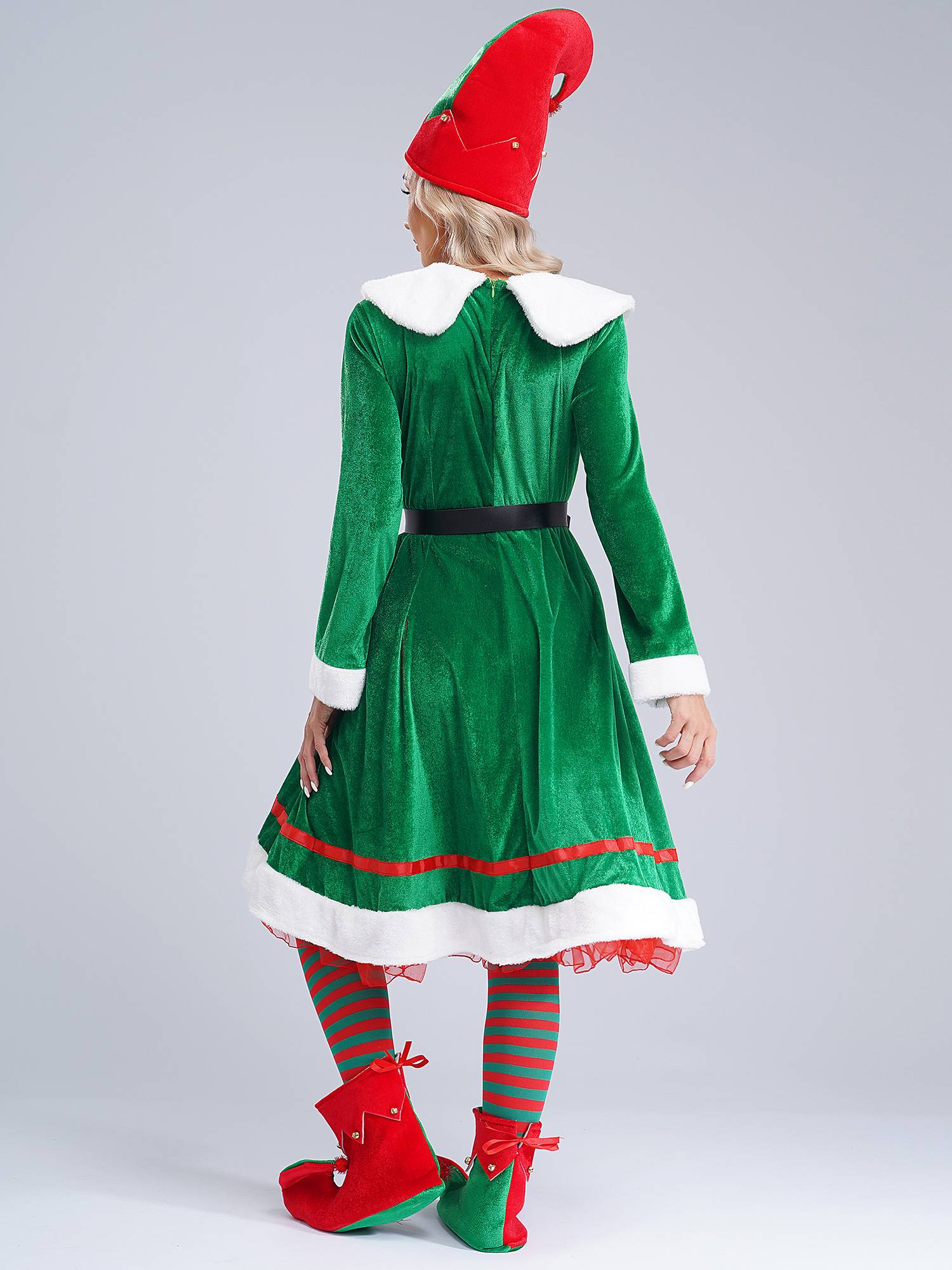 Women 5pcs Long Sleeve Flannel Dress with Shoes Stockings Christmas Elf Suit