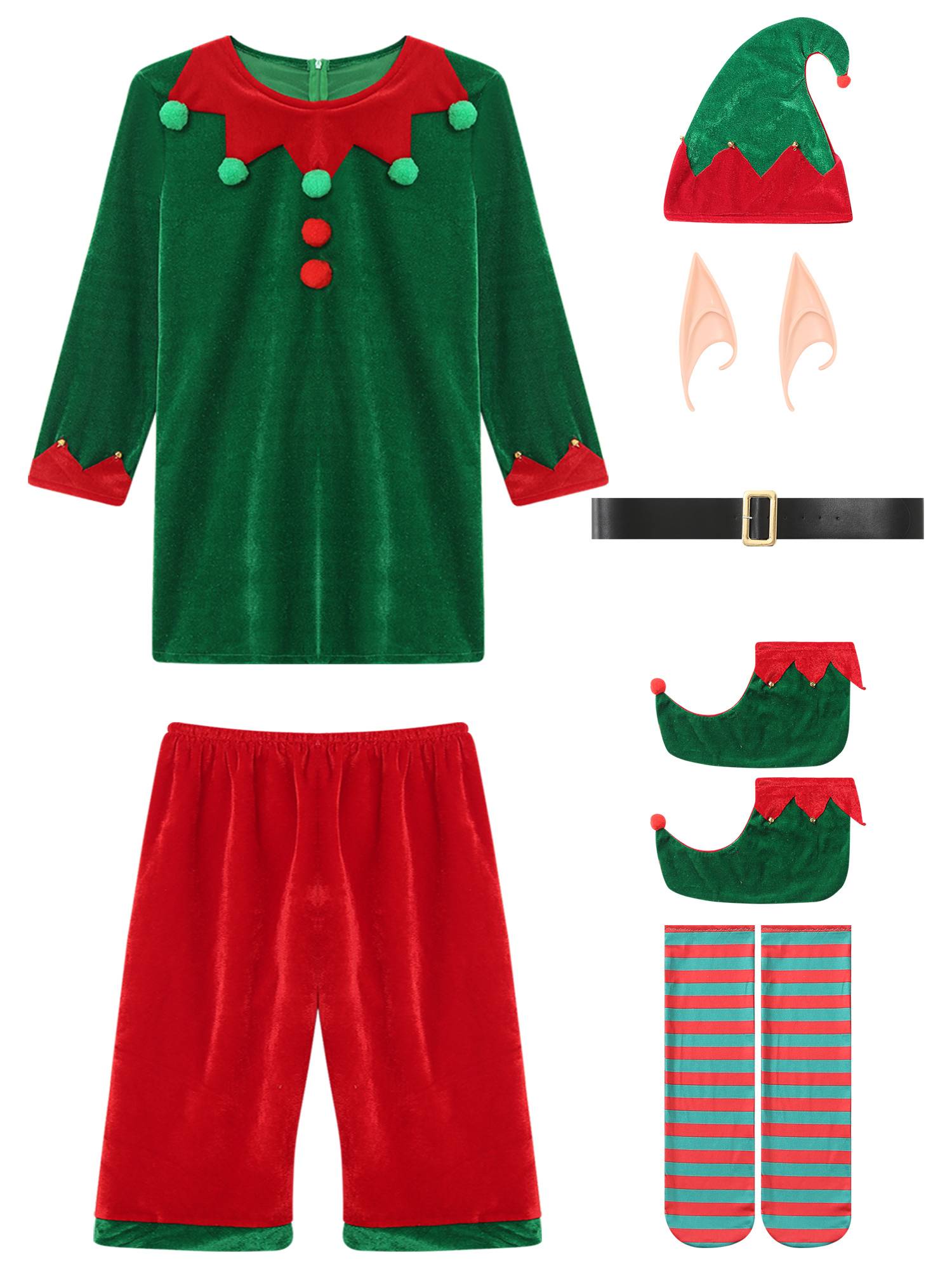 Men 7pcs Long Sleeve Top and Pants with Shoes Stockings Christmas Elf Costume