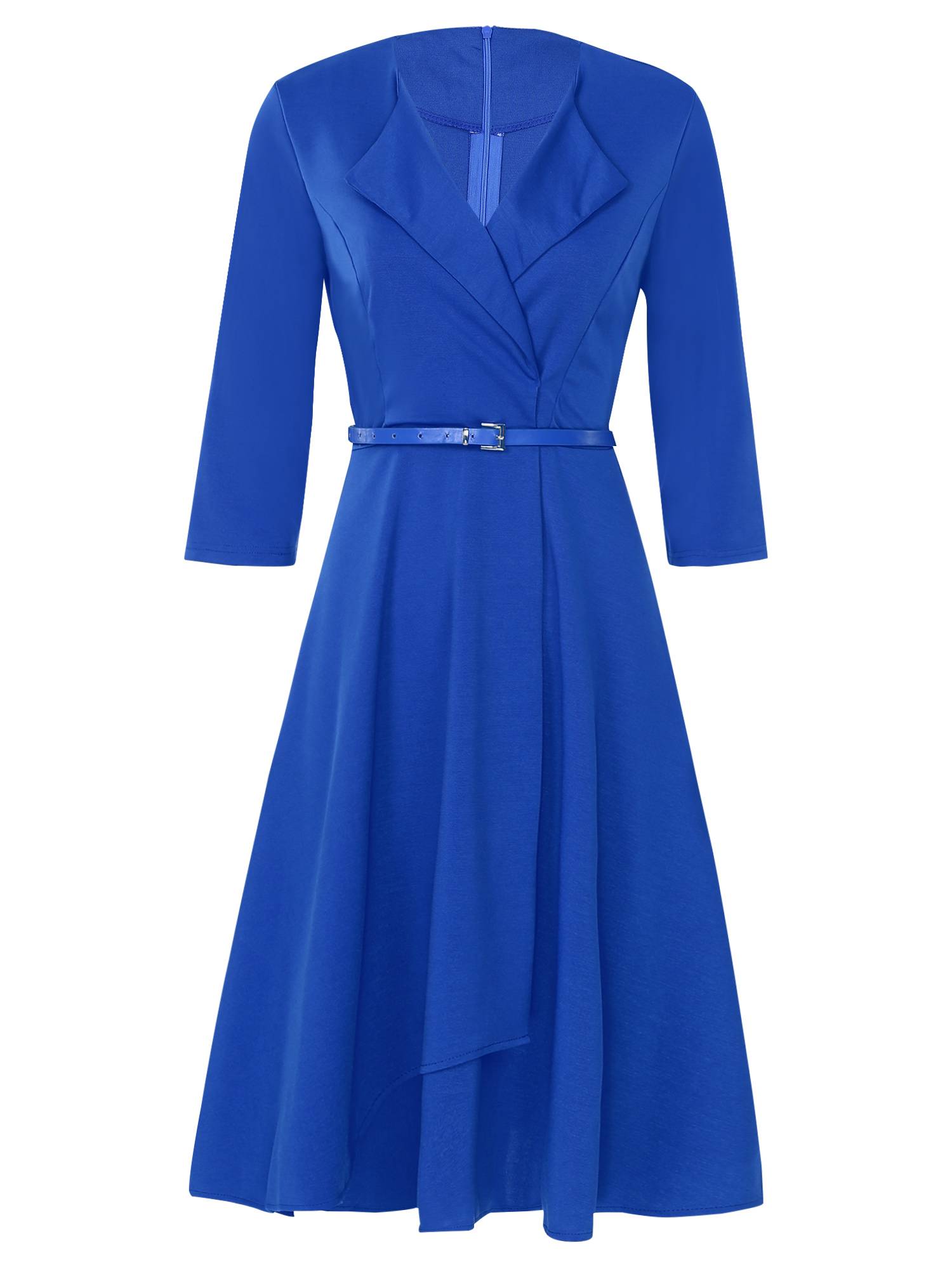 Women Lapel V Neck 3/4 Sleeve High Waist Wrap A-line Dress with Belt