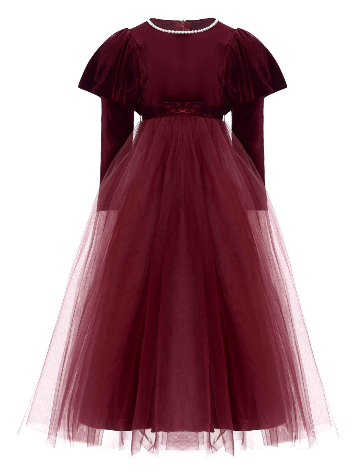 Kids Girls Long Sleeve Pearl Beaded High Waist Tulle Birthday Party Dress