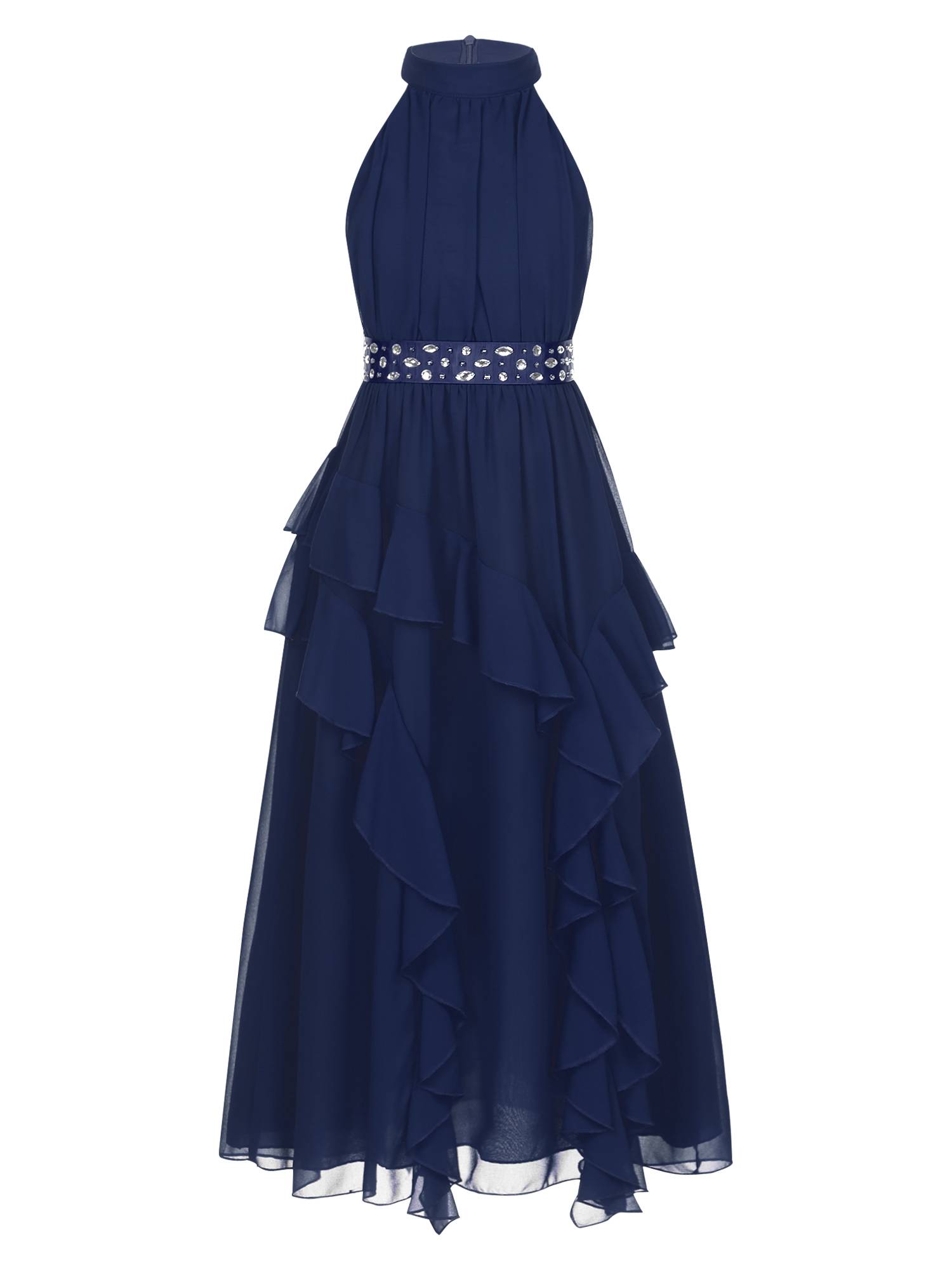 Kids Girls Sleeveless Halter Neck Tiered Ruffle Chiffon Party Dress with Belt