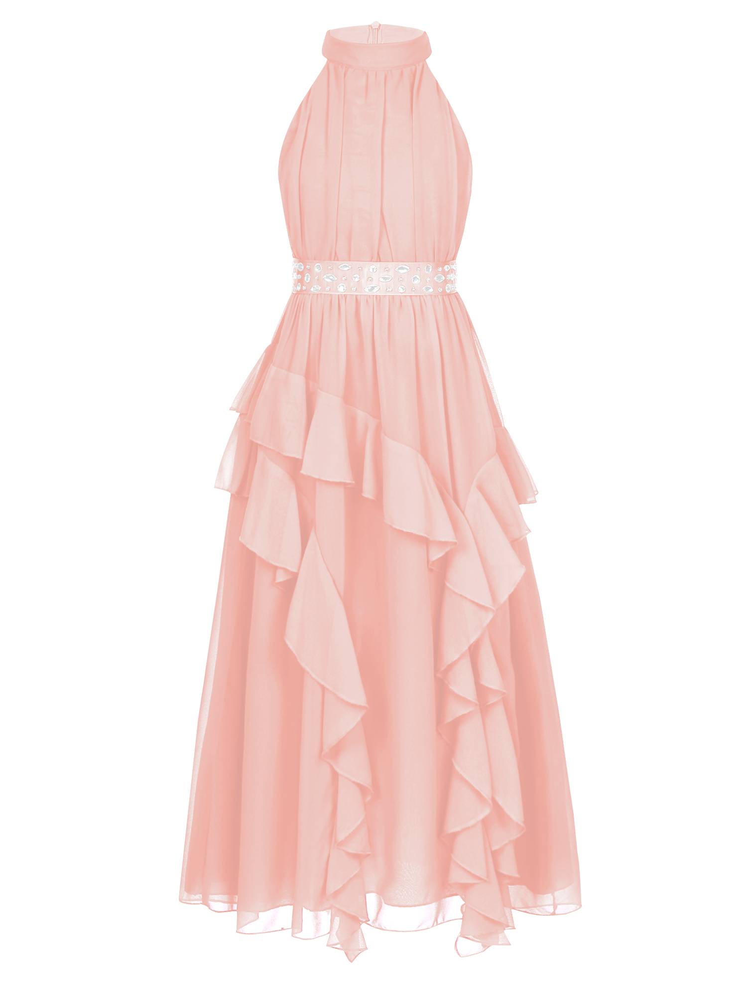 Kids Girls Sleeveless Halter Neck Tiered Ruffle Chiffon Party Dress with Belt