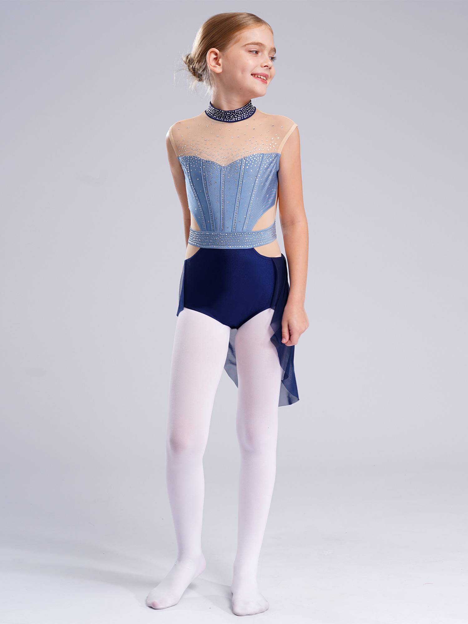 Kids Girls Sleeveless Shiny Rhinestones Mesh Skirted Leotard for Skating