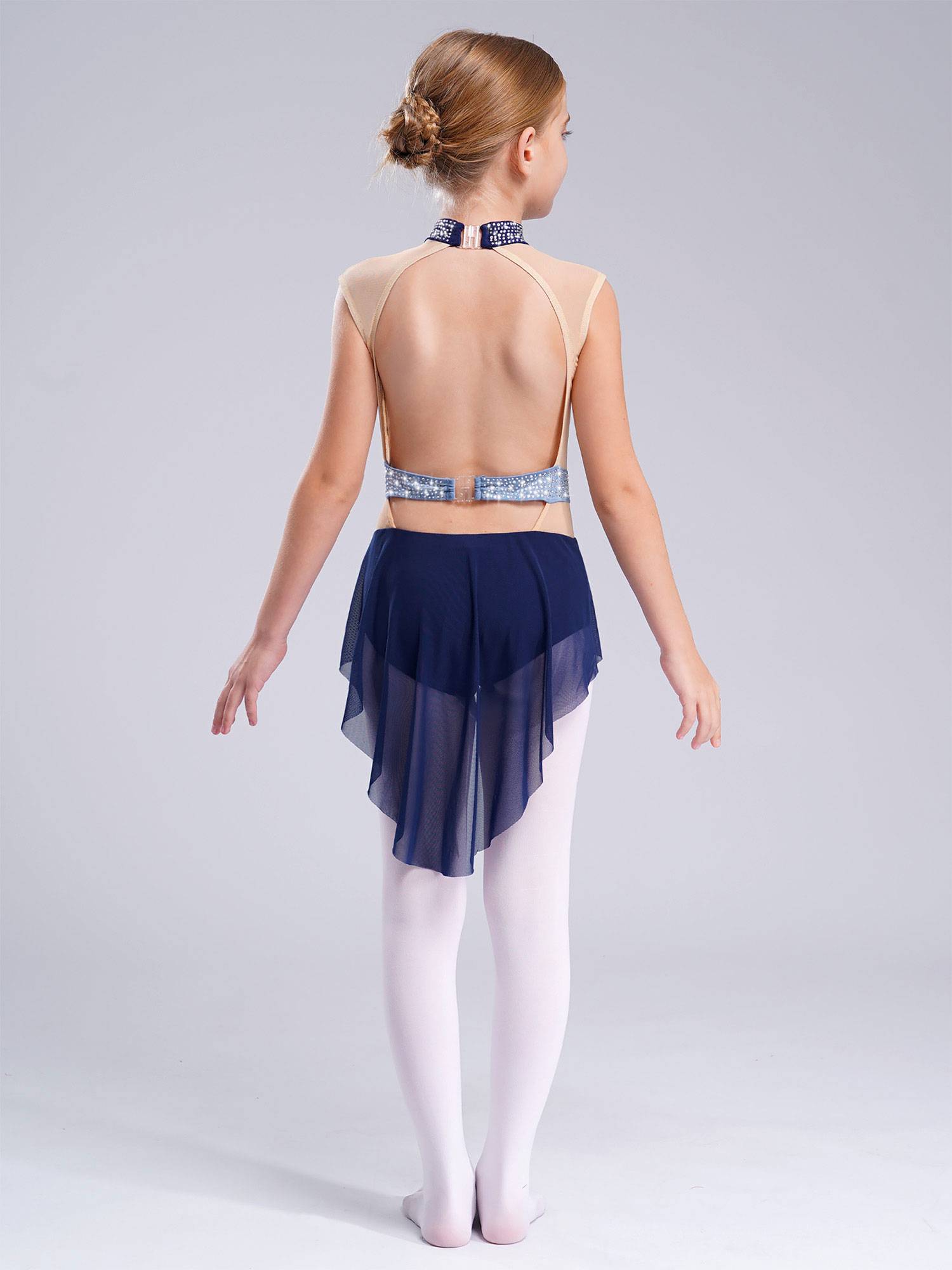 Kids Girls Sleeveless Shiny Rhinestones Mesh Skirted Leotard for Skating