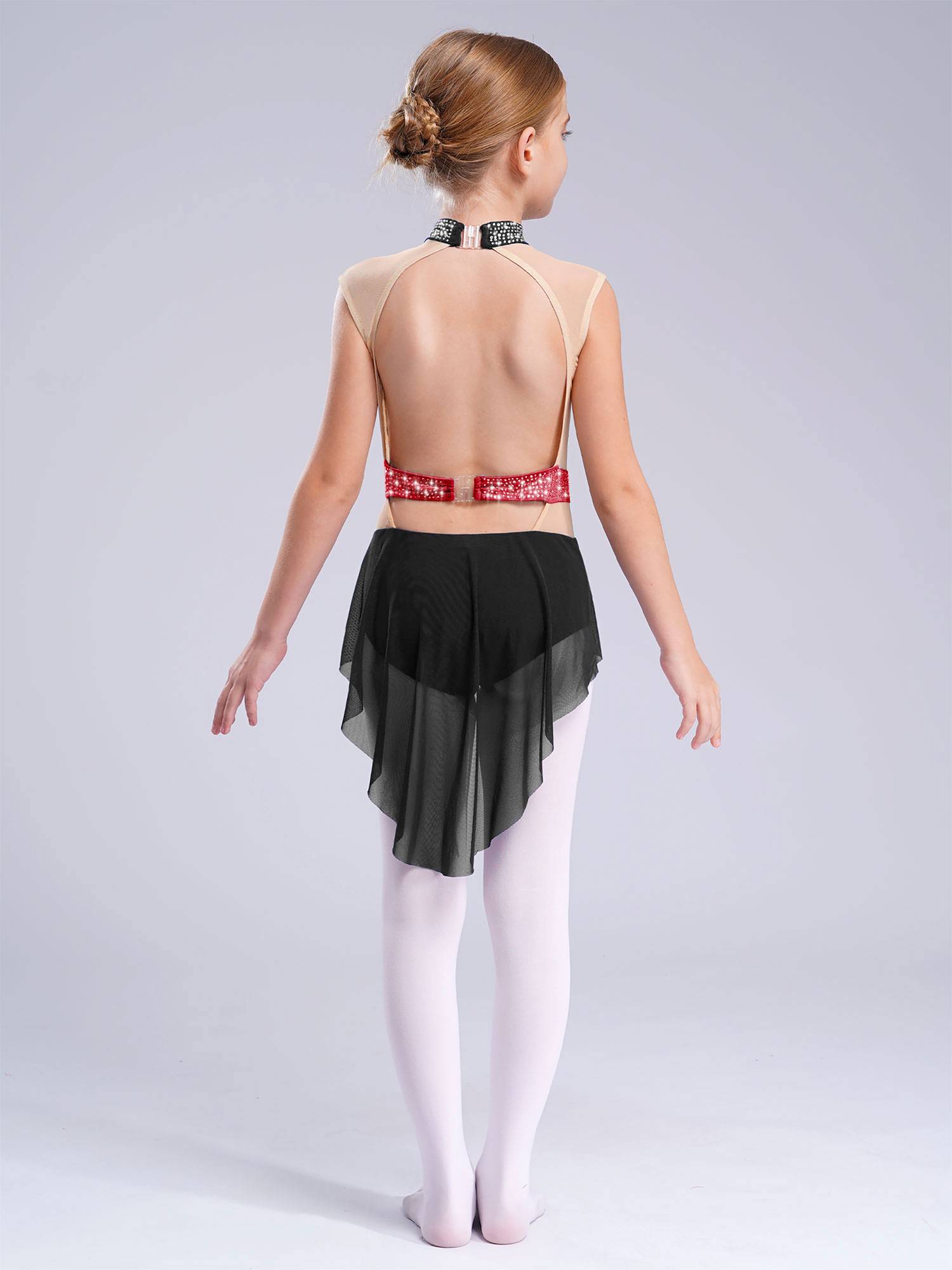 Kids Girls Mock Neck Sleeveless Rhinestones Skirted Leotard for Lyrical Dance