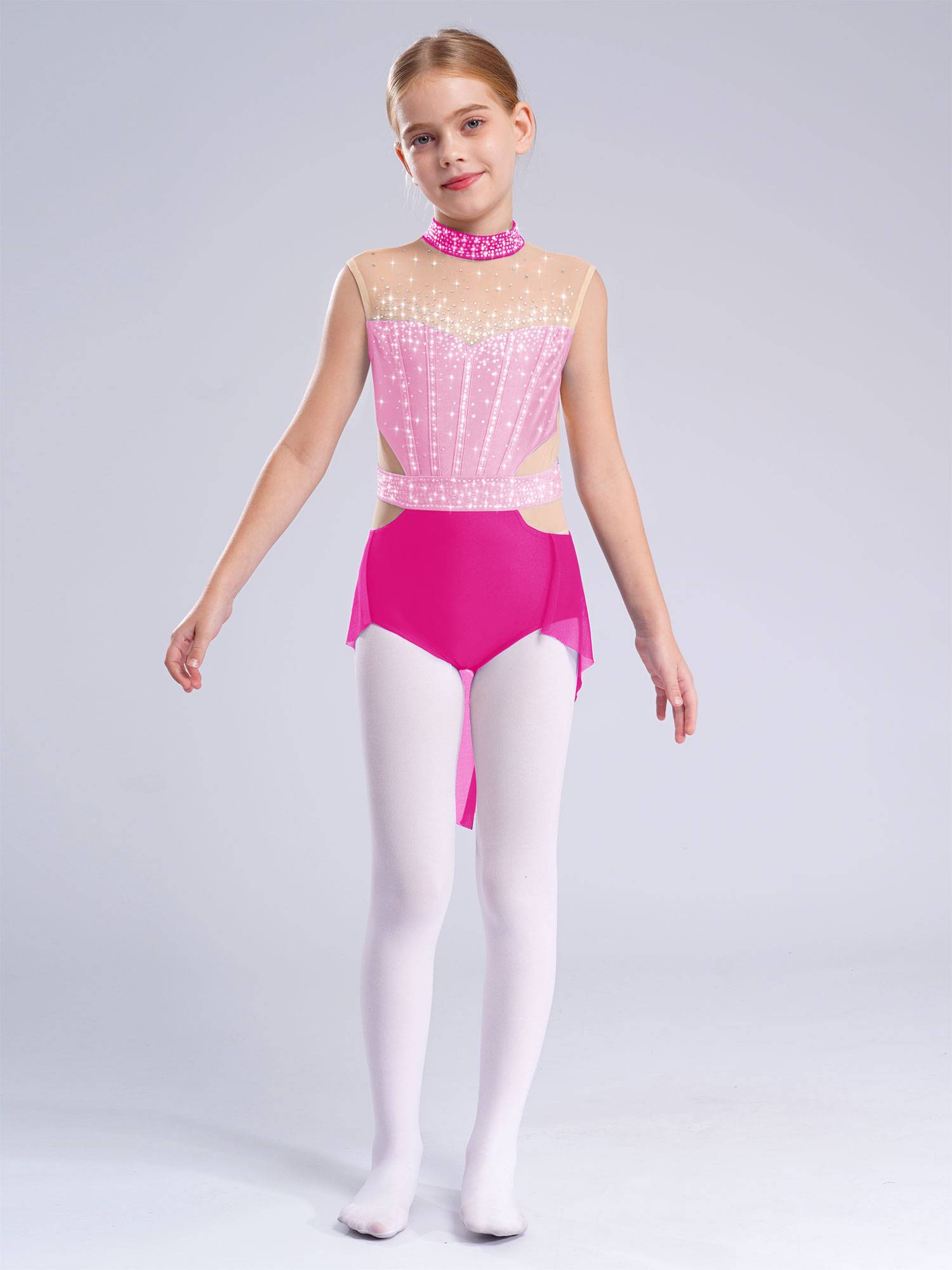 Kids Girls Sleeveless Shiny Rhinestones Mesh Skirted Leotard for Skating