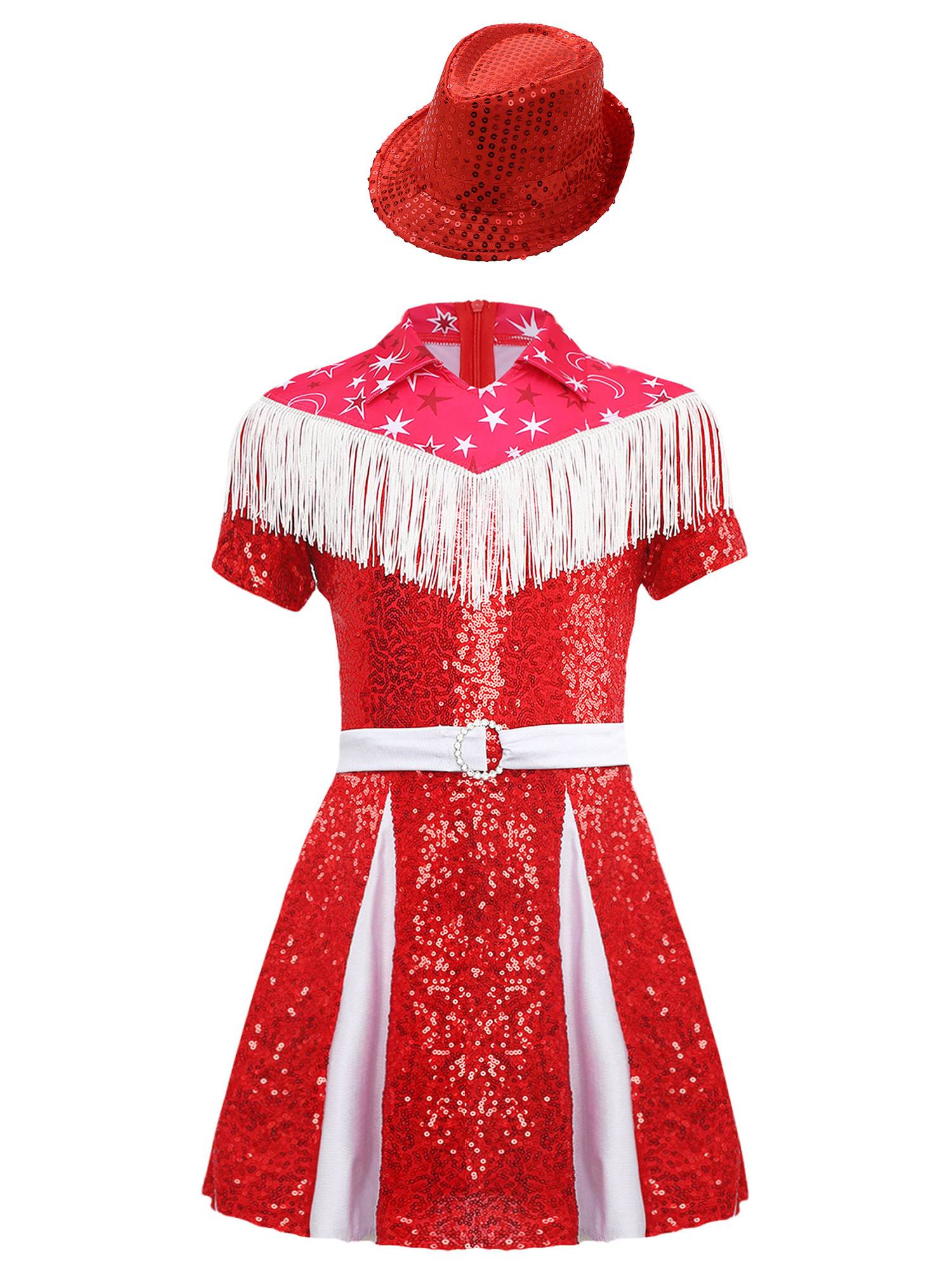 Kids Girl Short Sleeve Fringe Sequins Pleated Cowgirl Costume Dress with Hat