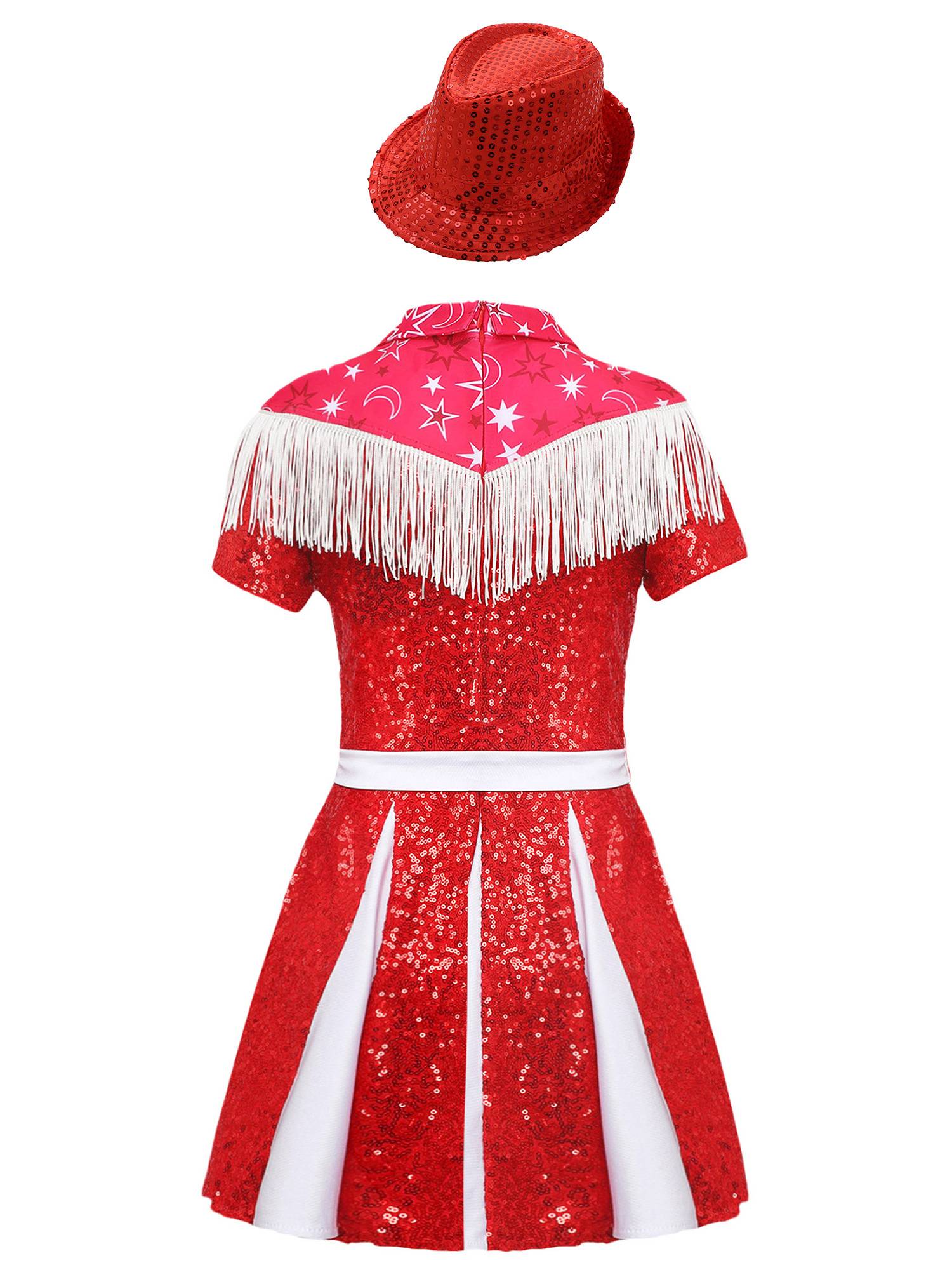 Kids Girl Short Sleeve Fringe Sequins Pleated Cowgirl Costume Dress with Hat