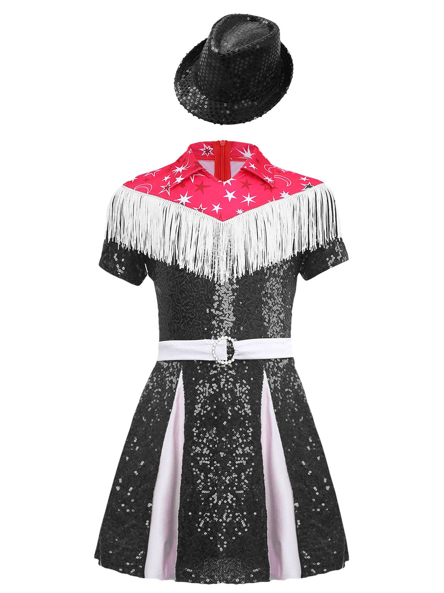 Kids Girl Short Sleeve Fringe Sequins Pleated Cowgirl Costume Dress with Hat