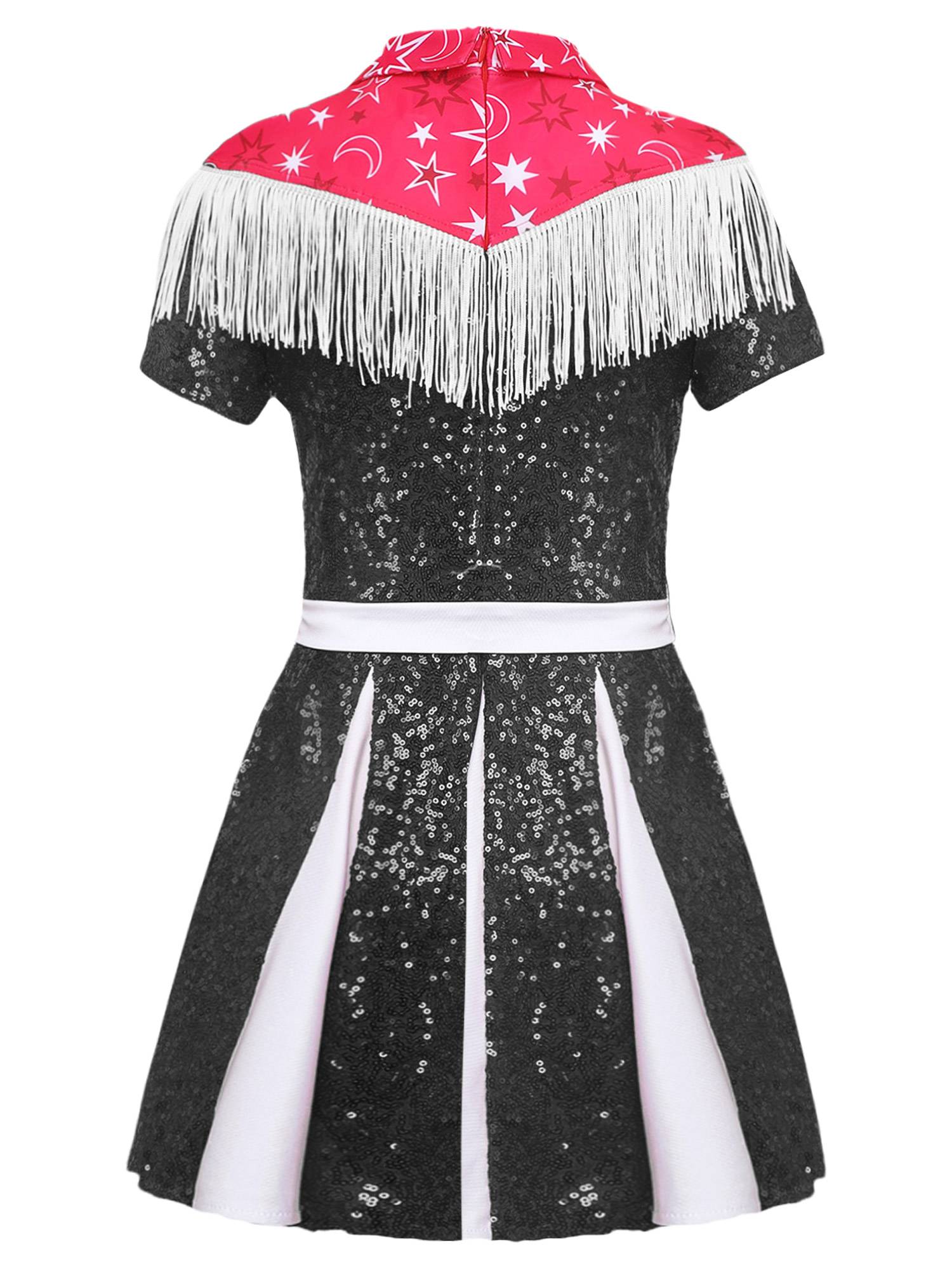 Kids Girl Short Sleeve Fringe Sequins Pleated Cowgirl Costume Dress with Hat