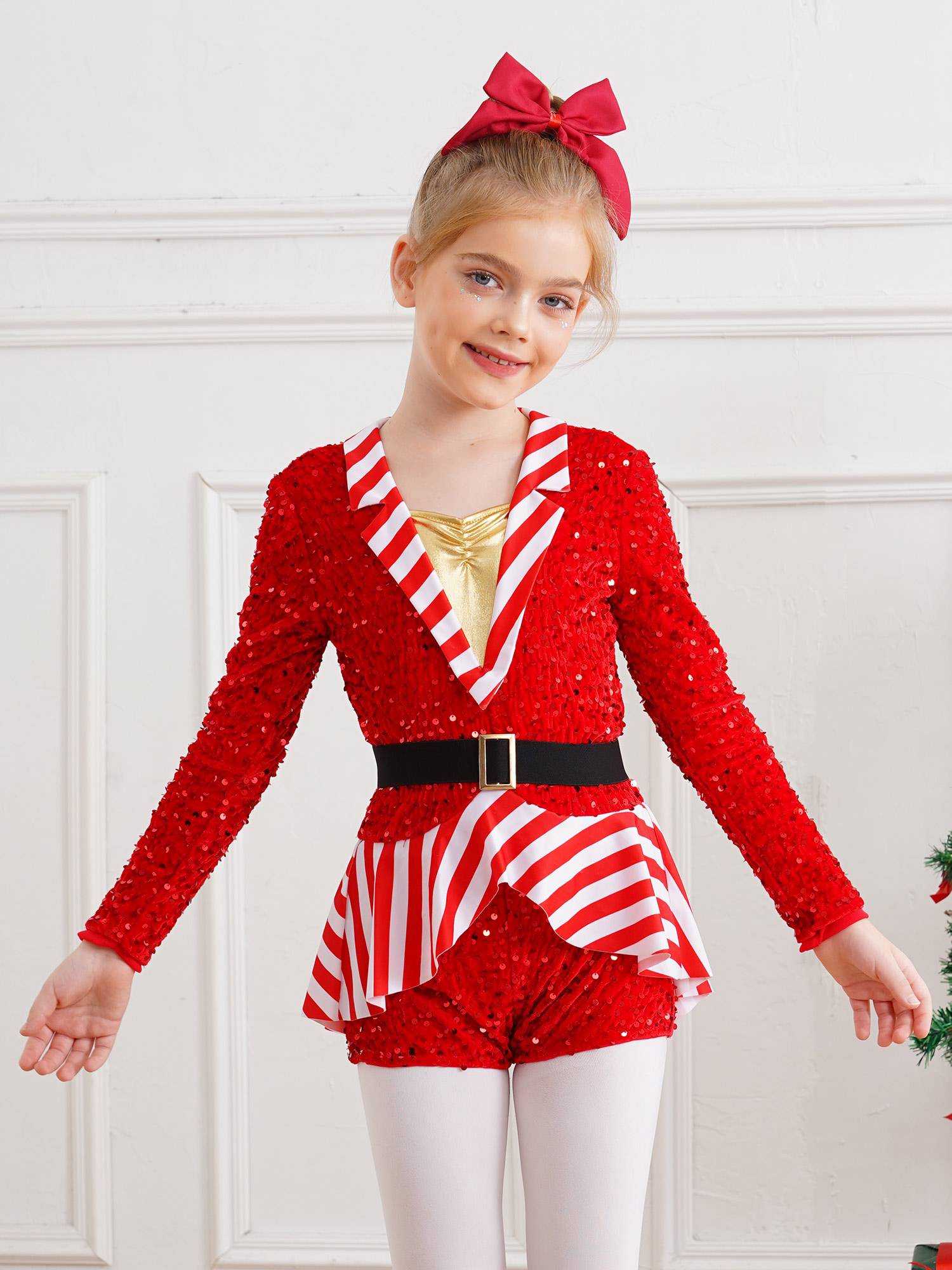 Kids Girl Christmas Lapel Collar Long Sleeve Sequins Stripes Romper