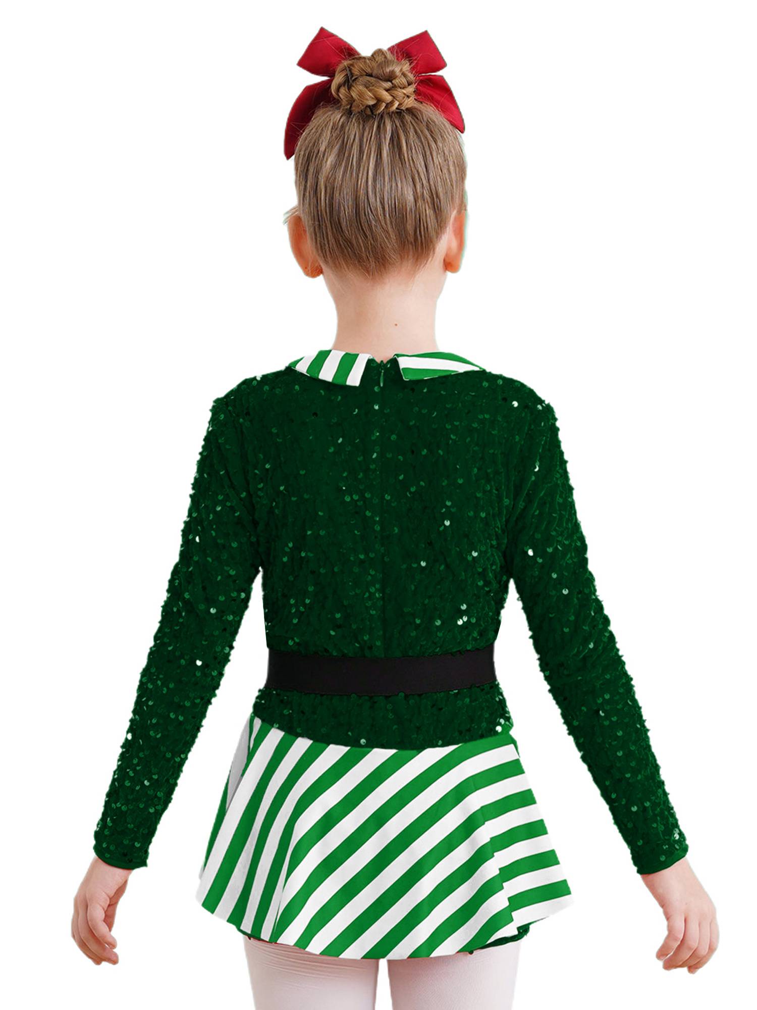 Kids Girl Christmas Lapel Collar Long Sleeve Sequins Stripes Romper