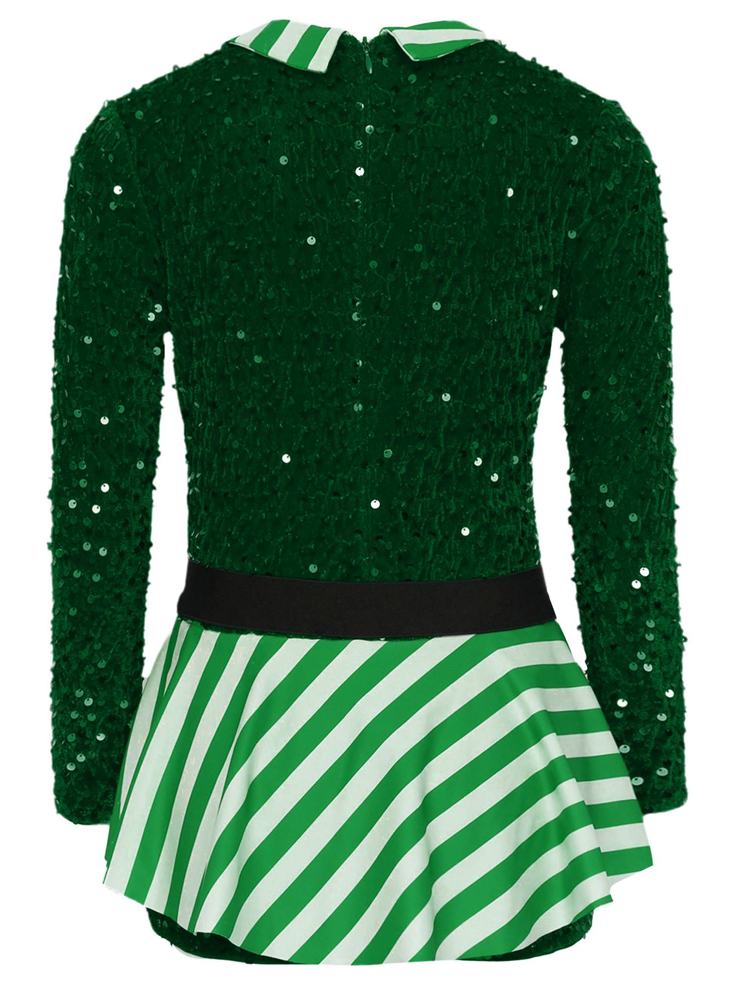 Kids Girl Christmas Lapel Collar Long Sleeve Sequins Stripes Romper