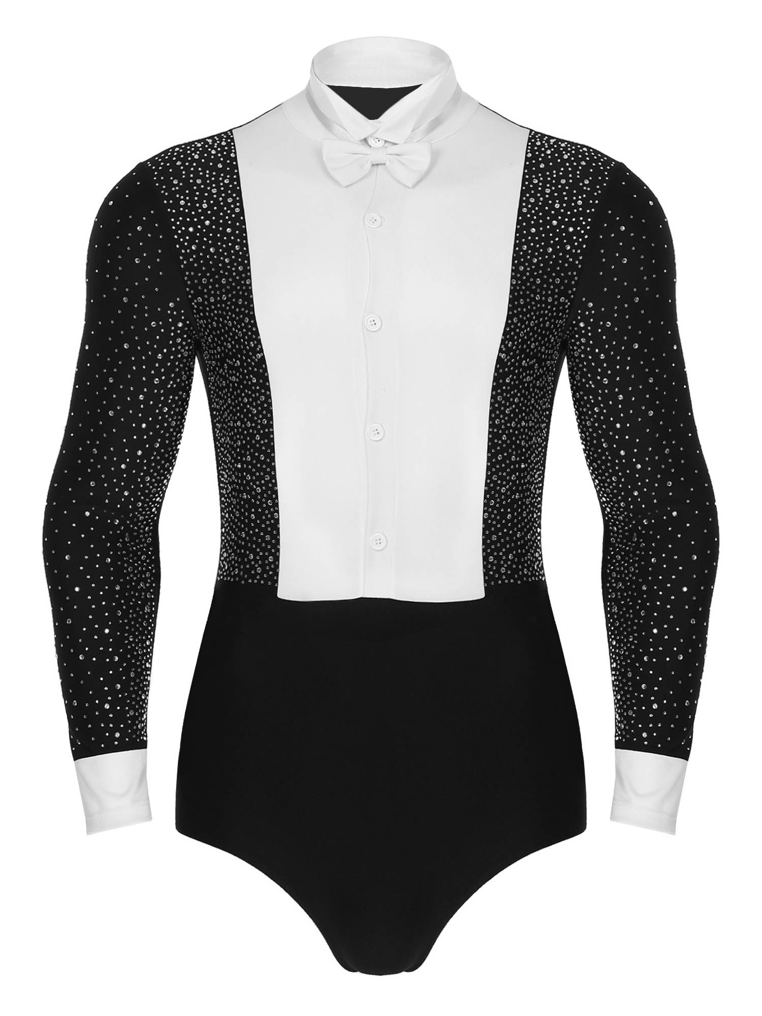 Men Long Sleeves Shiny Rhinestones Colorblock Latin Dance Leotard with Bowtie