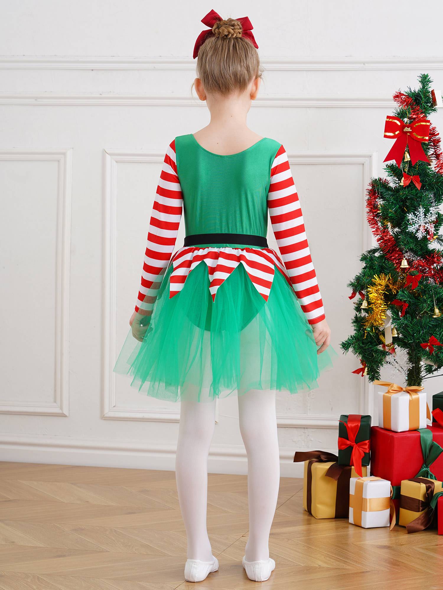 Kids Girl Long Sleeve Square Neck Stripes Tulle Tutu Dress Christmas Elf Costume