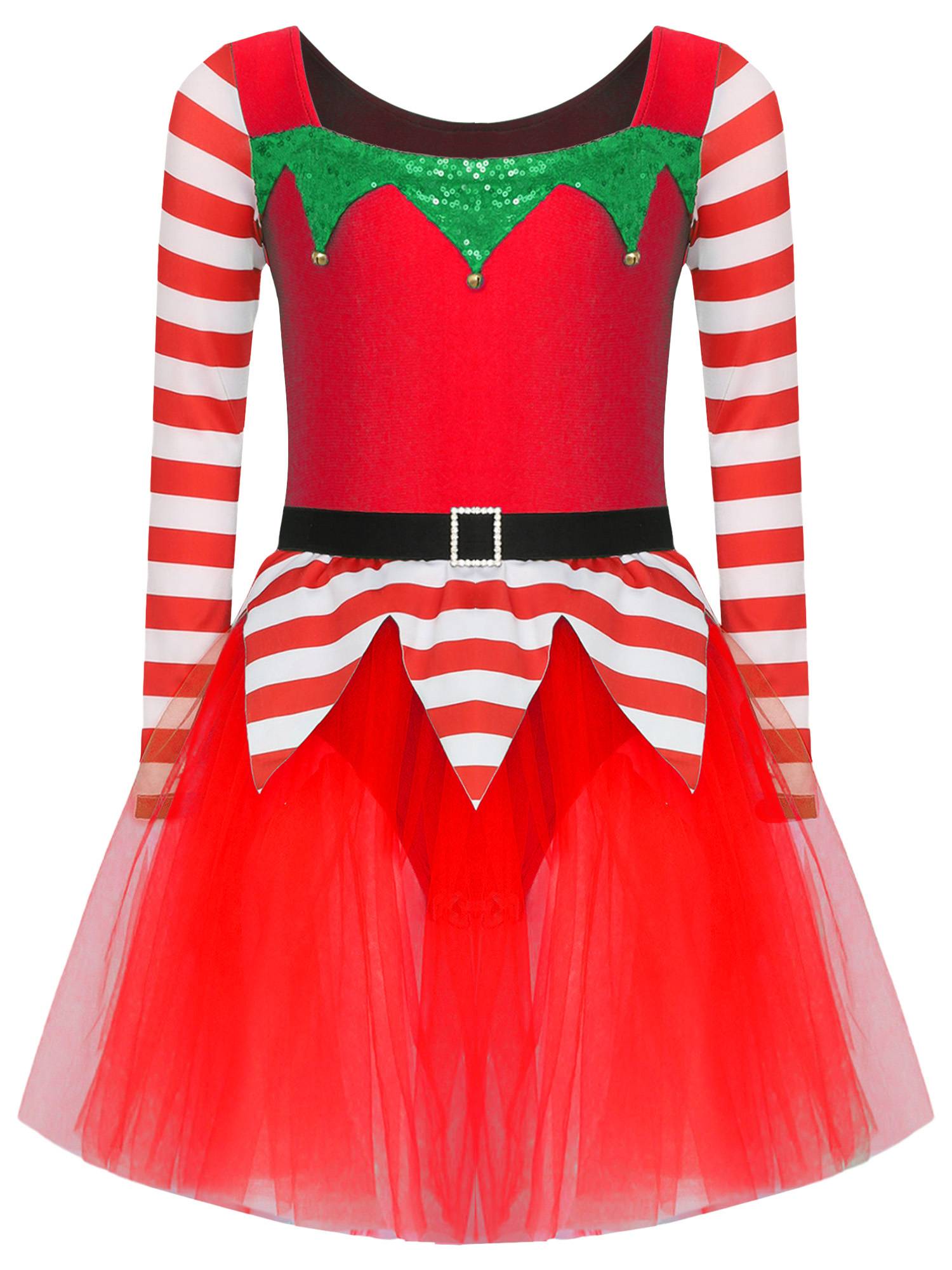 Kids Girl Long Sleeve Square Neck Stripes Tulle Tutu Dress Christmas Elf Costume