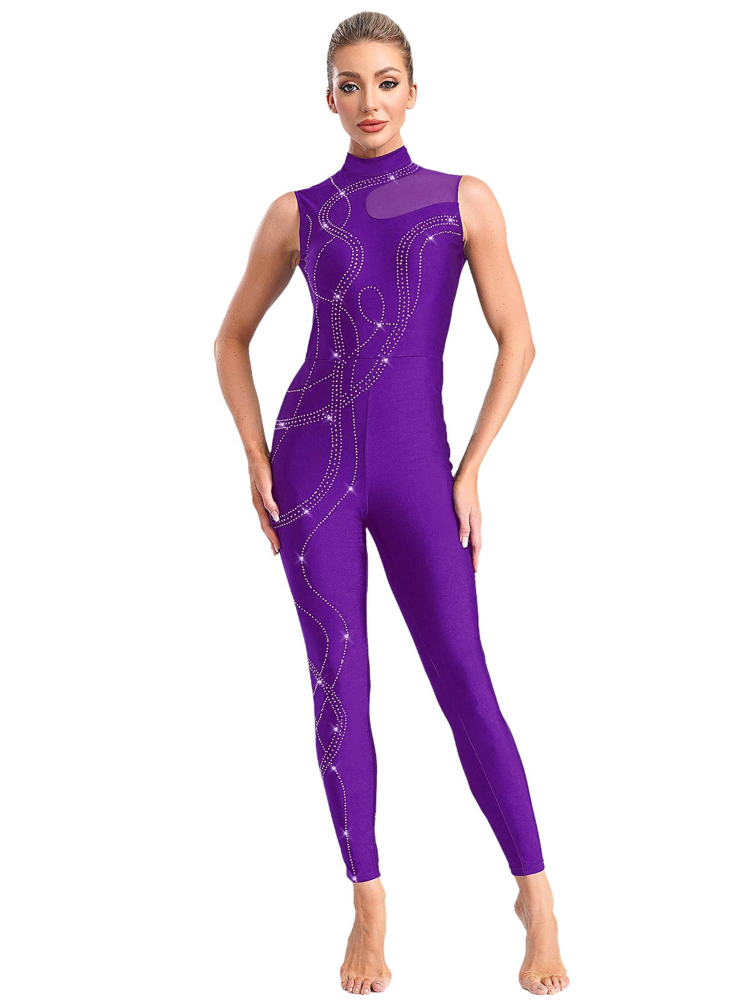 Women Shiny Rhinestones Mock Neck Sleeveless Gymnastics Unitards