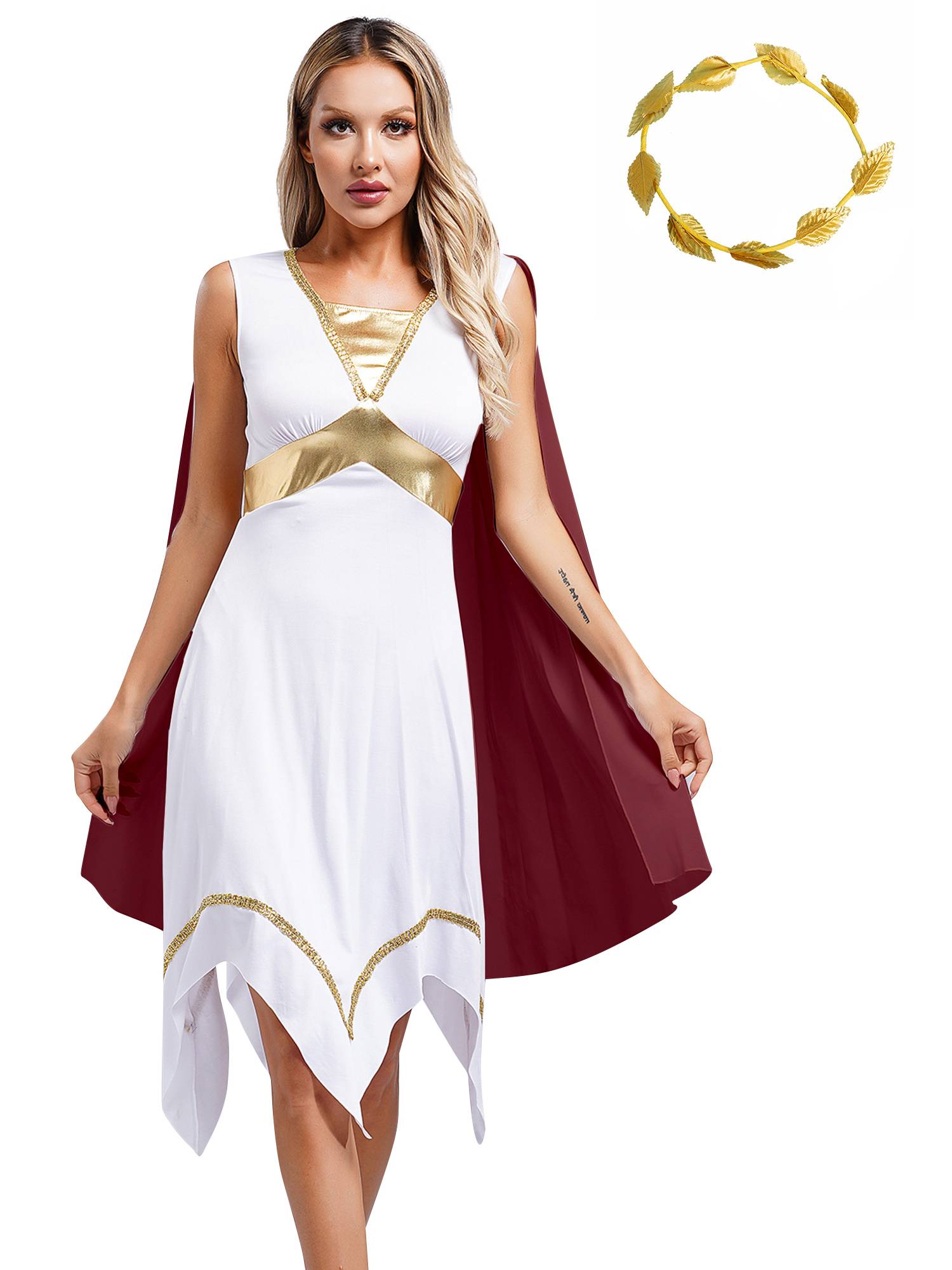 Women Ancient Greek Toga Asymmetrical Tunic Dress with Headwear