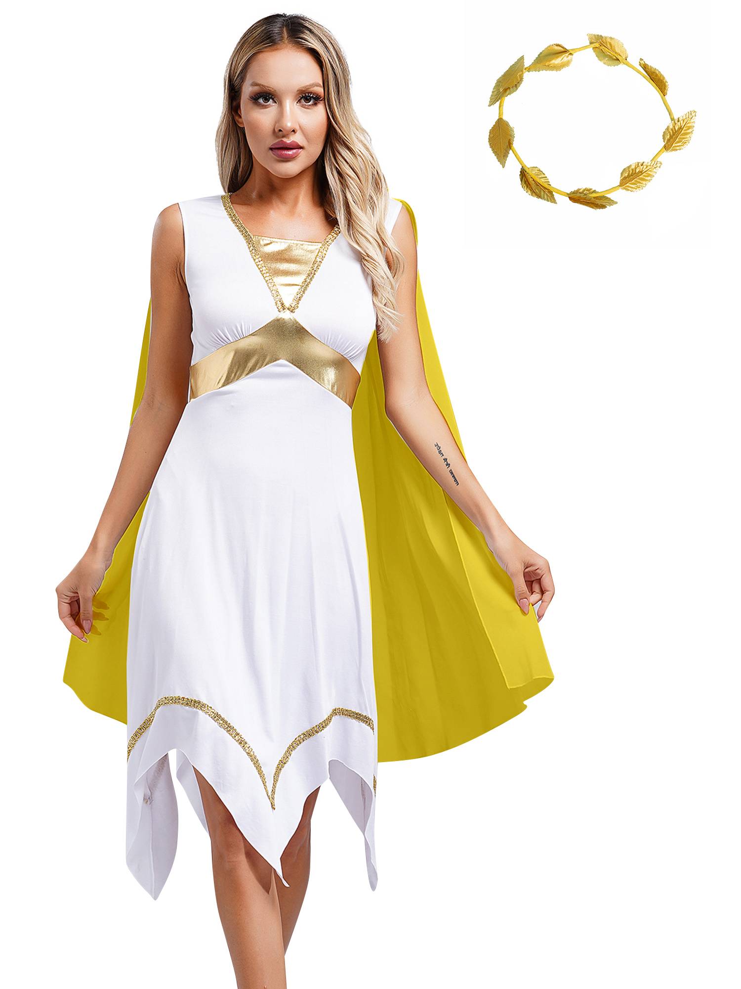Women Ancient Greek Toga Asymmetrical Tunic Dress with Headwear