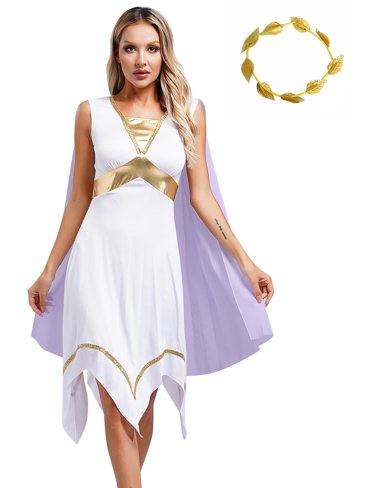 Women Ancient Greek Toga Asymmetrical Tunic Dress with Headwear