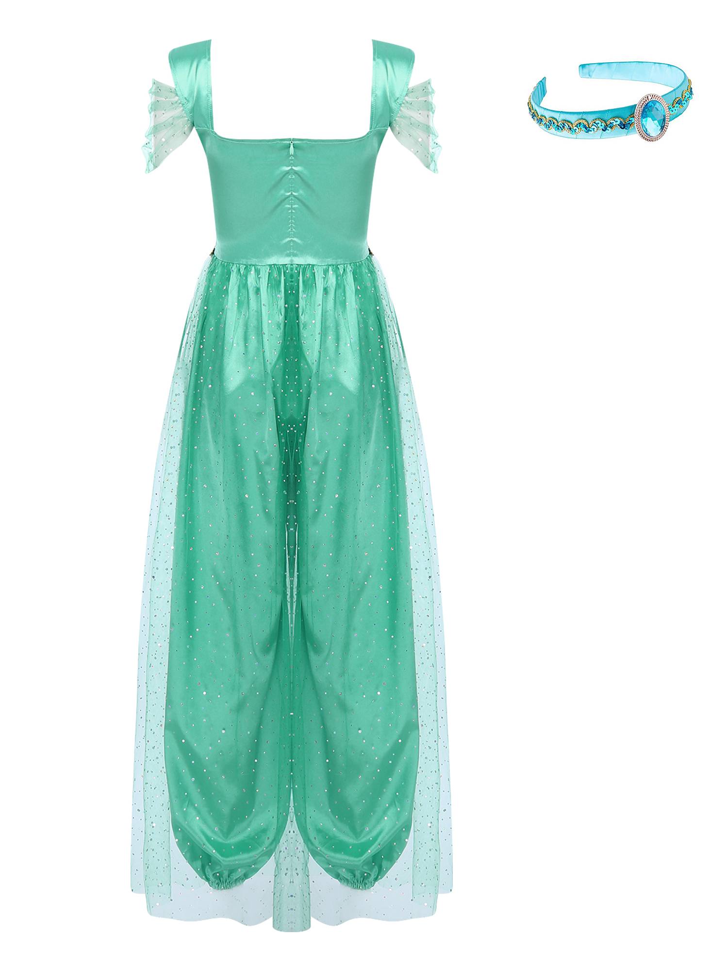 Women Belly Dance Sequin Tulle Jumpsuit with Headband Aladdin Costume